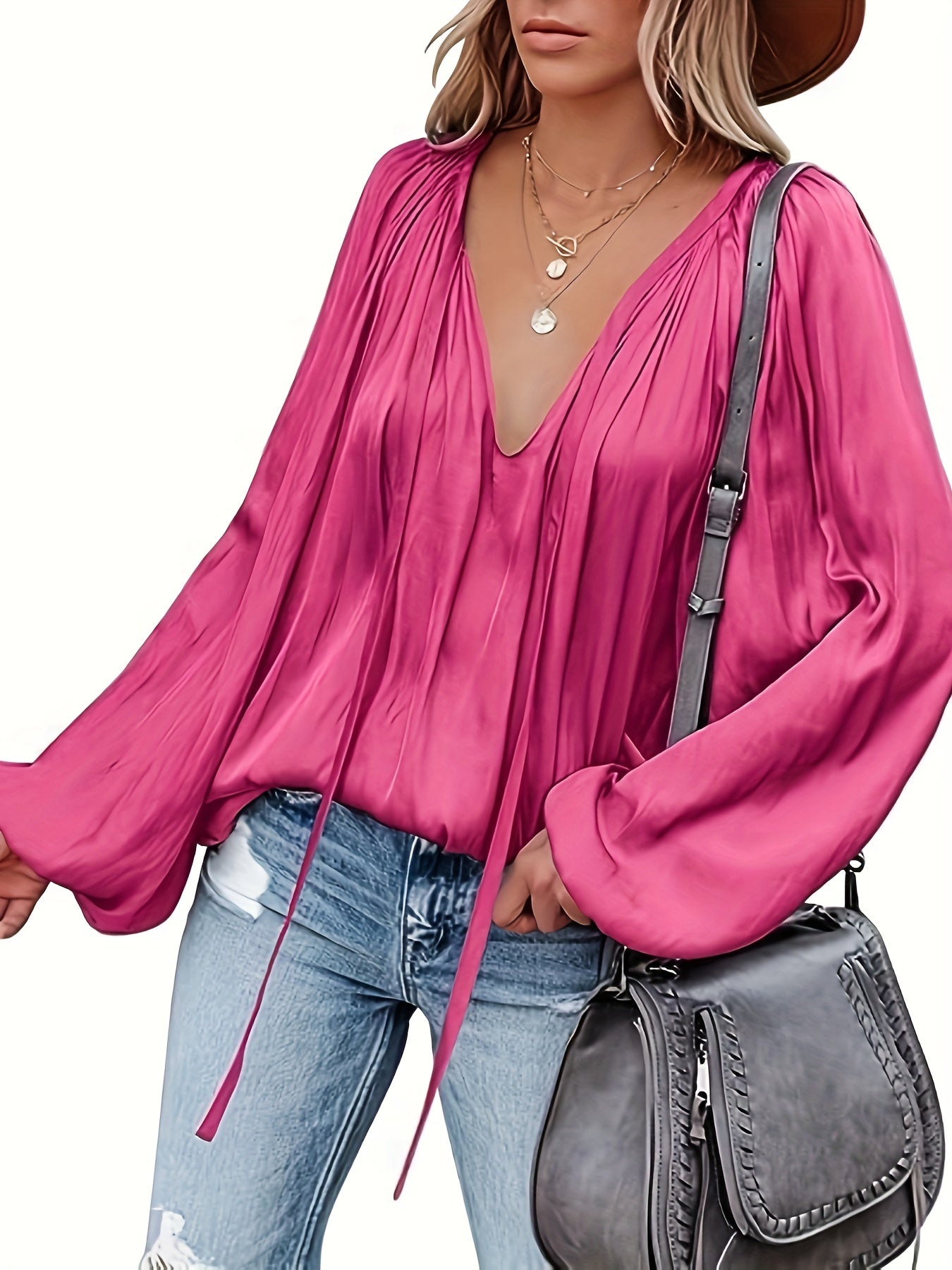 Antmvs Lantern Long Sleeve Satin Blouse, Elegant V Neck Tops For Spring & Summer, Women's Clothing