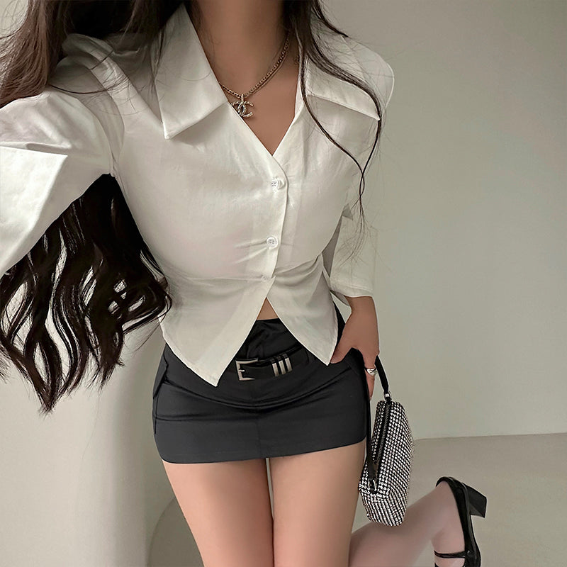 Antmvs Kiara Solid Color Lapels Long Sleeve Office Shirt Top