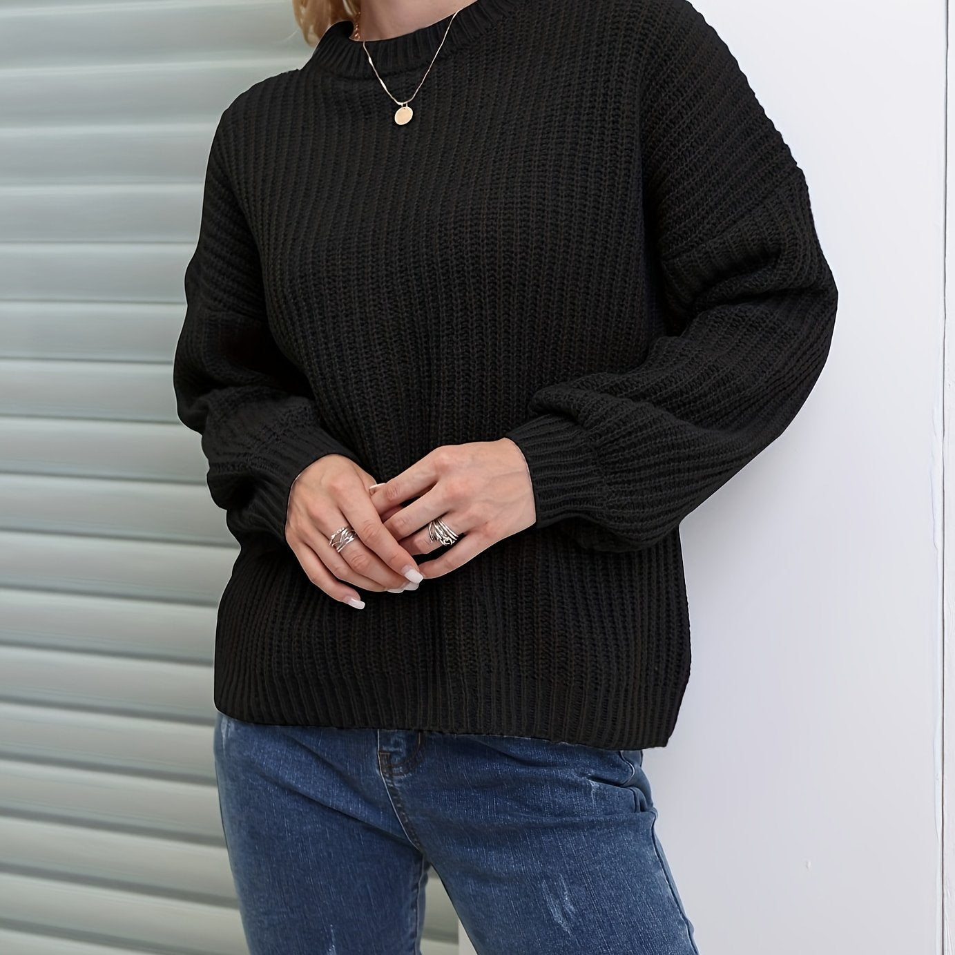 Antmvs Solid Versatile Knit Pullover Sweater, Casual Crew Neck Drop Shoulder Long Sleeve Sweater, Women's Clothing