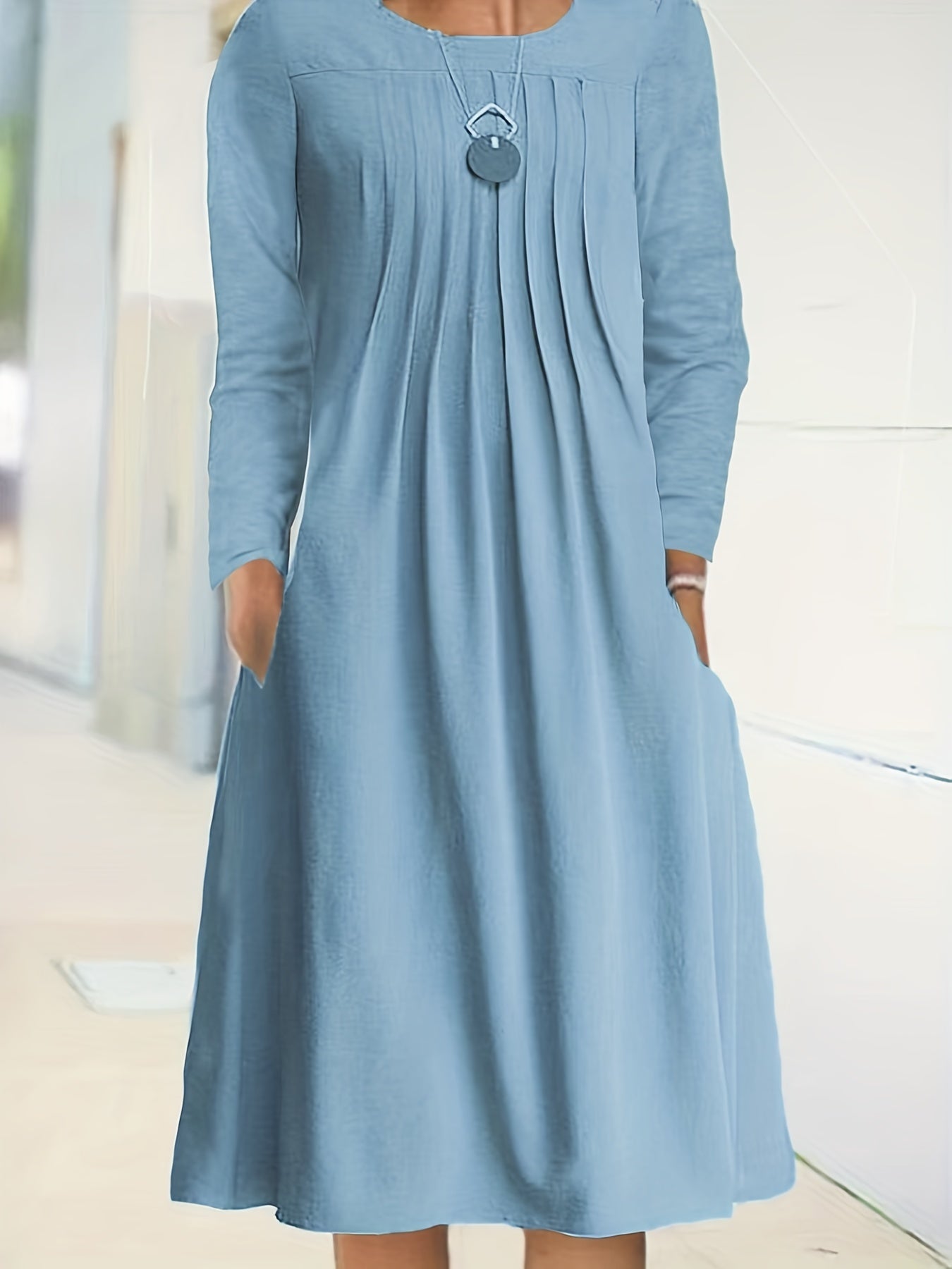 Antmvs Tucked Solid Dress, Casual Crew Neck Long Sleeve Dress, Women's Clothing