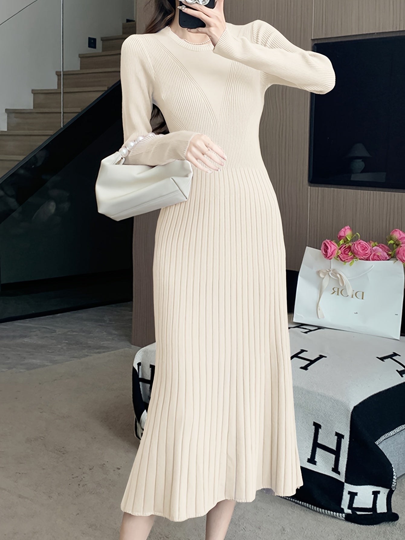 Antmvs Solid Color Long Sleeve Knit Dress, Chic Long Sleeve Crew Neck A-line Dress, Women's Clothing