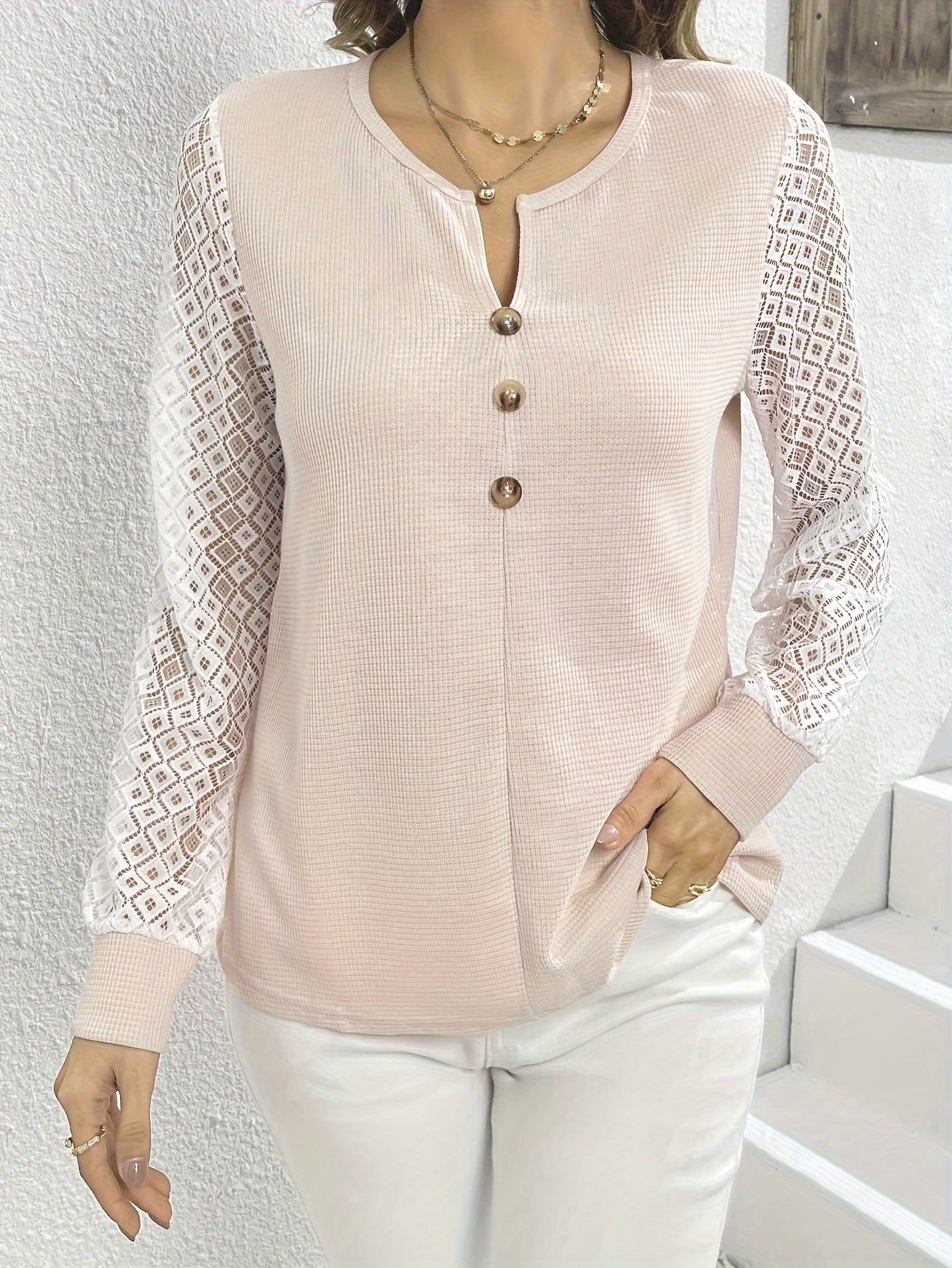Antmvs Contrast Lace Notched Neck Blouse, Casual Long Sleeve Blouse With Buttons, Women's Clothing