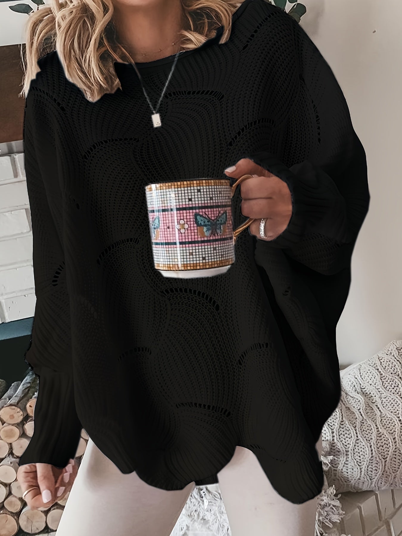 Antmvs Solid Cutout Irregular Hem Knit Sweater, Casual Crew Neck Long Sleeve Pullover Sweater, Women's Clothing
