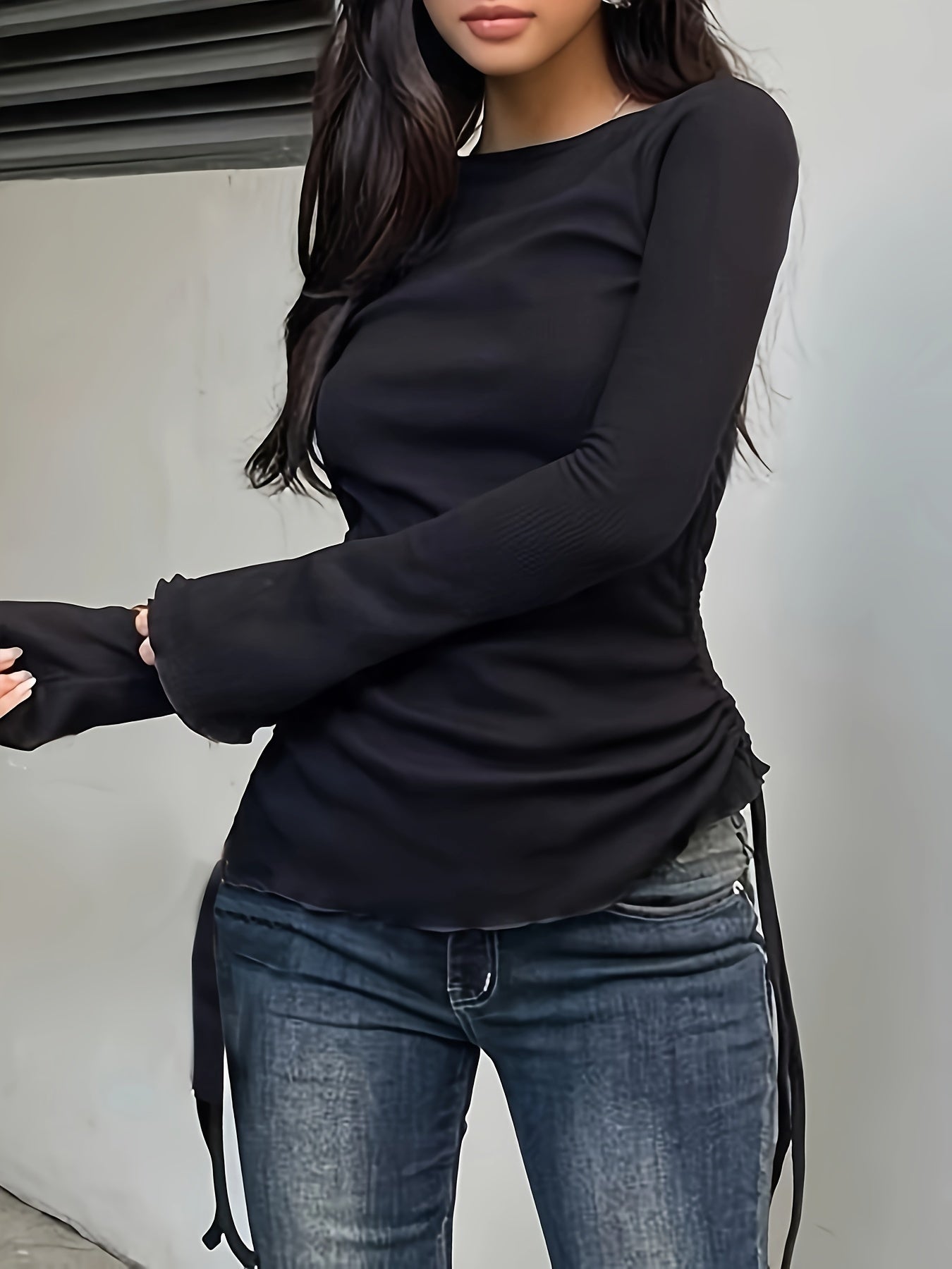 Antmvs Drawstring Crew Neck T-Shirt, Y2K Long Sleeve Lettuce Trim Top For Spring & Fall, Women's Clothing
