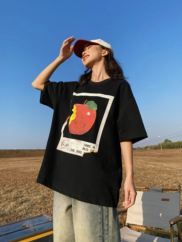 Antmvs Oula Vintage Apple Print Short Sleeve Baggy T-shirt Top