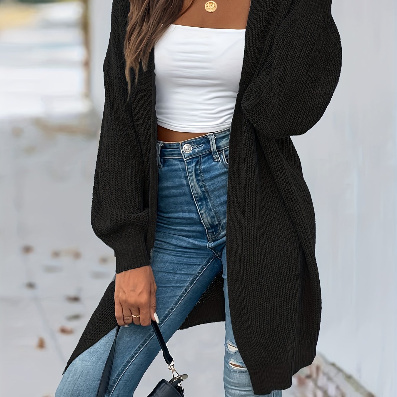 Antmvs Open Front Vintage Cardigan, Loose Long Sleeve Sweaters, Casual Long Knitwear Coat, Women's Clothing