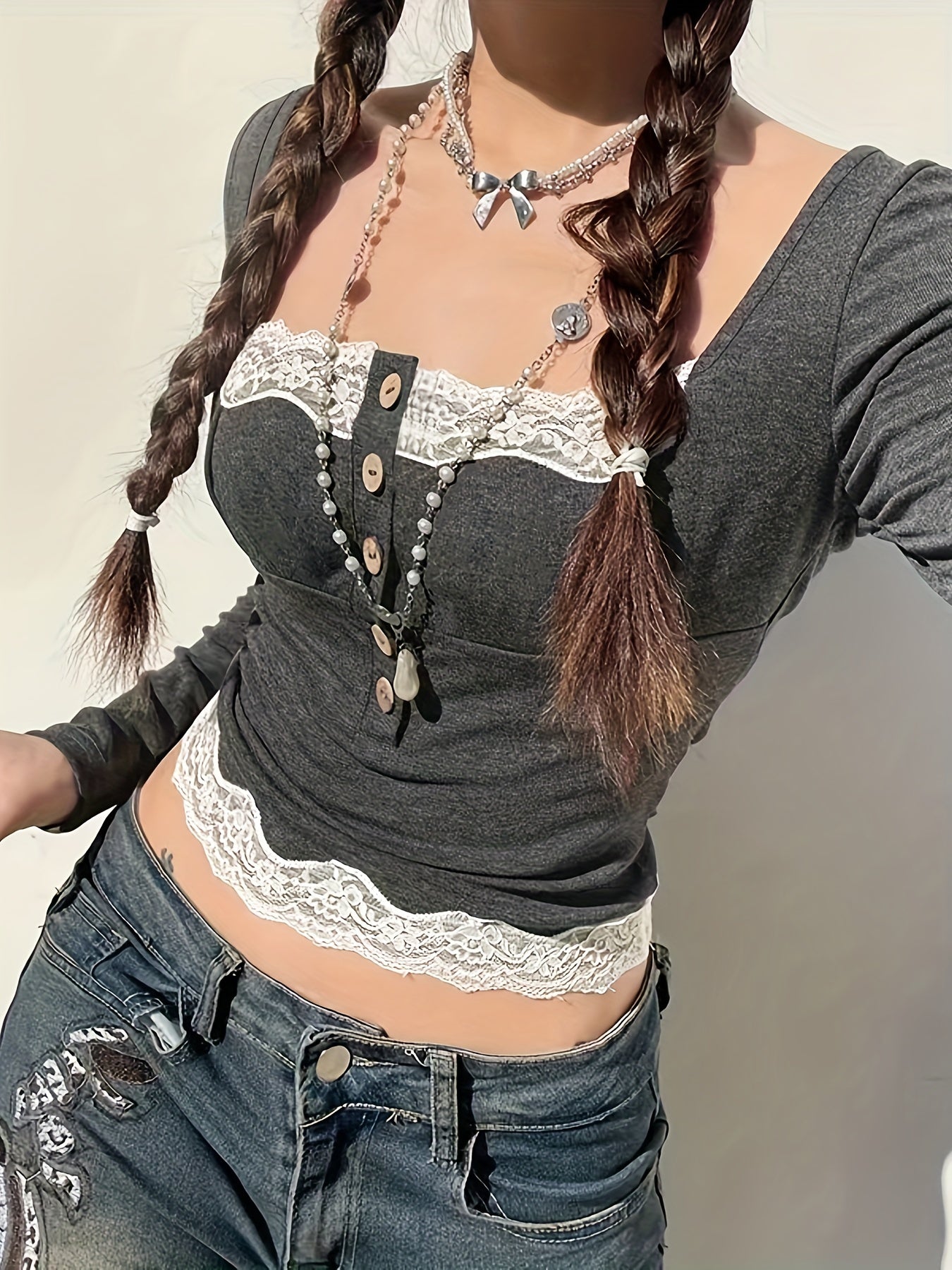 Antmvs Contrast Lace Button Front Square Neck T-Shirt, Y2K Long Sleeve Top For Spring & Fall, Women's Clothing