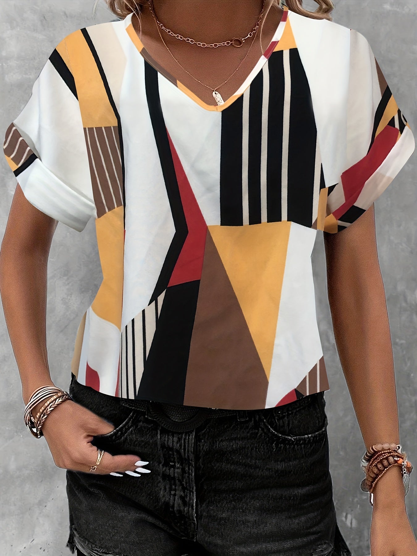 Antmvs Color Block V-neck Blouse, Casual Short Sleeve Blouse For Spring & Summer, Women's Clothing