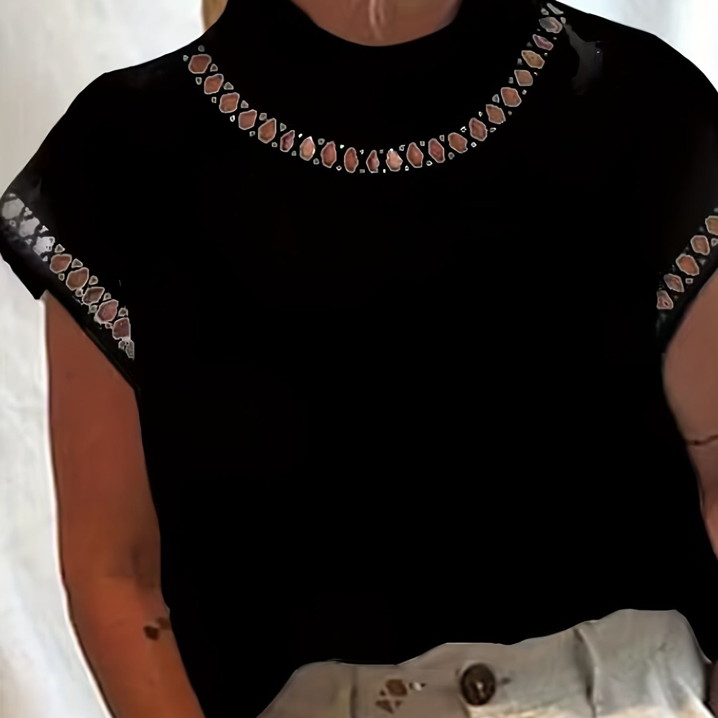 Antmvs Solid Cut Out Blouse, Casual Stand Collar Short Sleeve Simple Blouse, Women's Clothing
