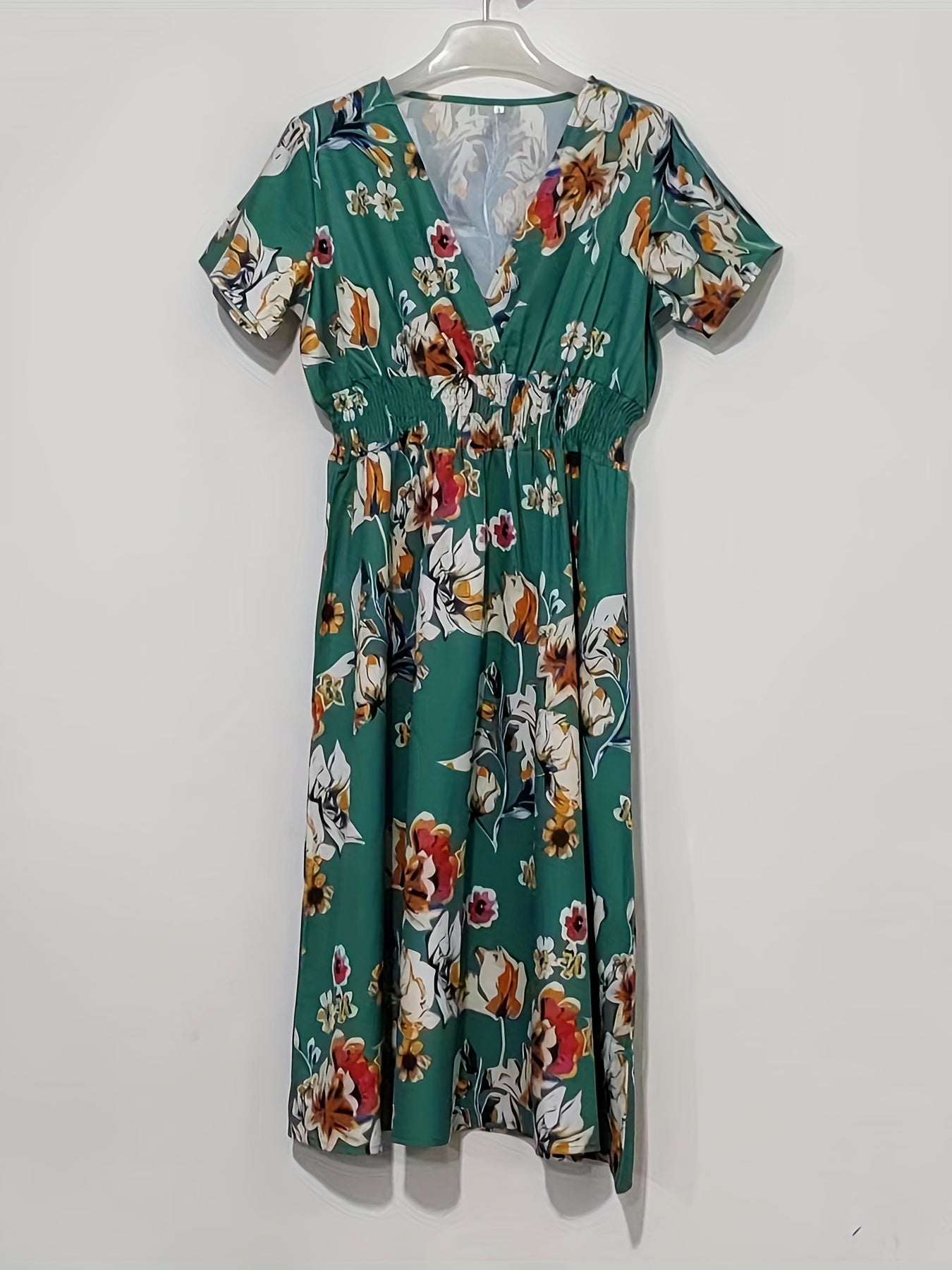 Antmvs Floral Print Surplice Neck Dress, Boho Short Sleeve Shirred Waist Dress, Women's Clothing