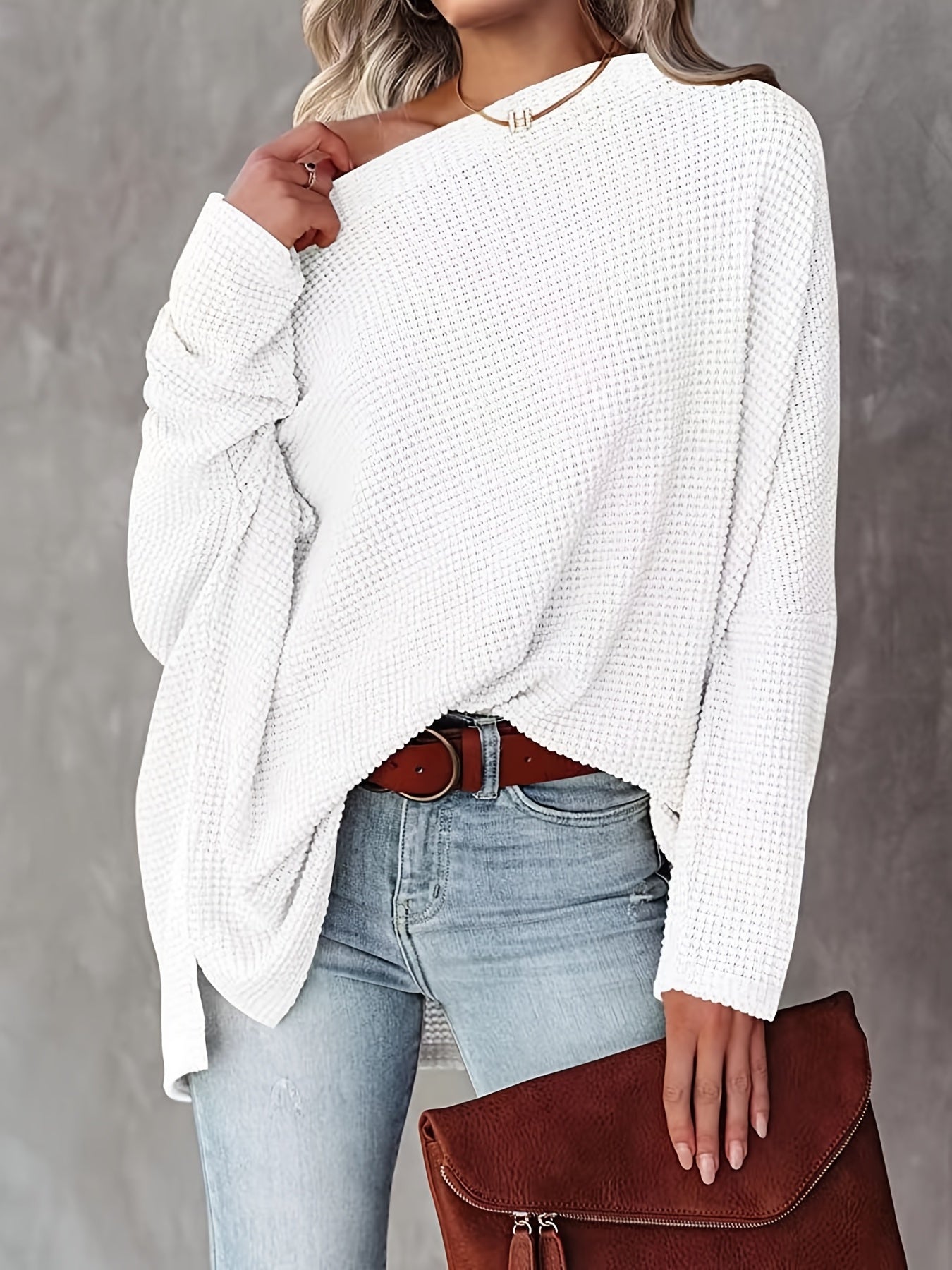Antmvs Women's Casual Off Shoulder Bat Long Sleeve Waffle Knitted Oversized Pullover Sweater, Casual Tops For Fall & Winter, Women's Clothing