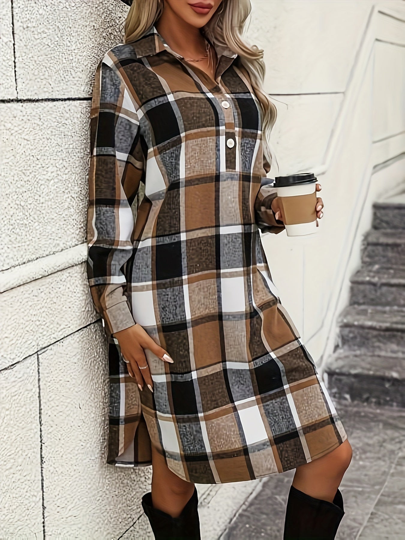 Antmvs Plaid Print Cuff Sleeve Button Dress, Casual Lapel Neck Dress For Spring & Fall, Women's Clothing