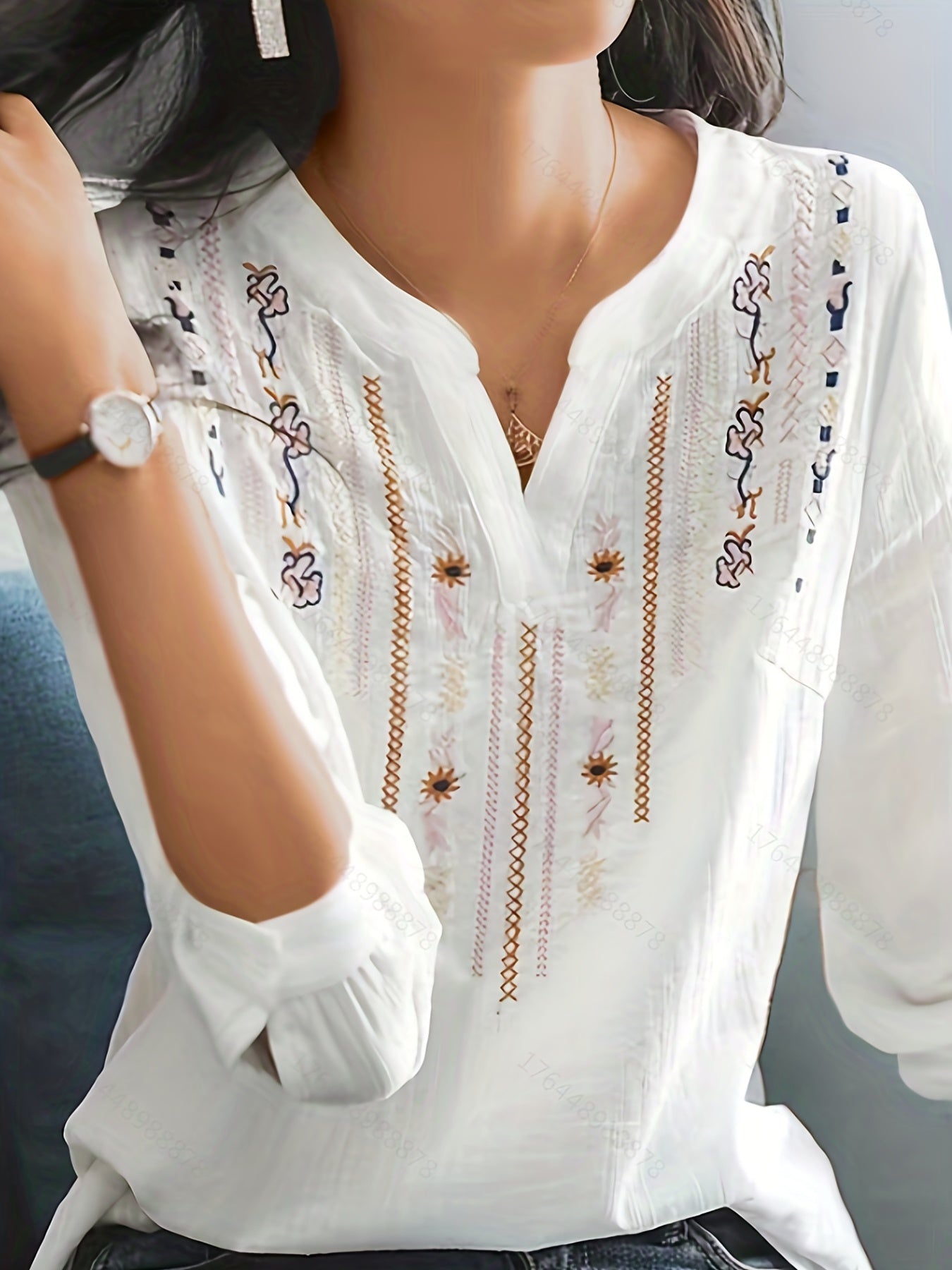 Antmvs Embroidery Ethnic Style V-neck Shirt, Casual Long Sleeve Spring & Autumn Shirts Tops, Women's Clothing
