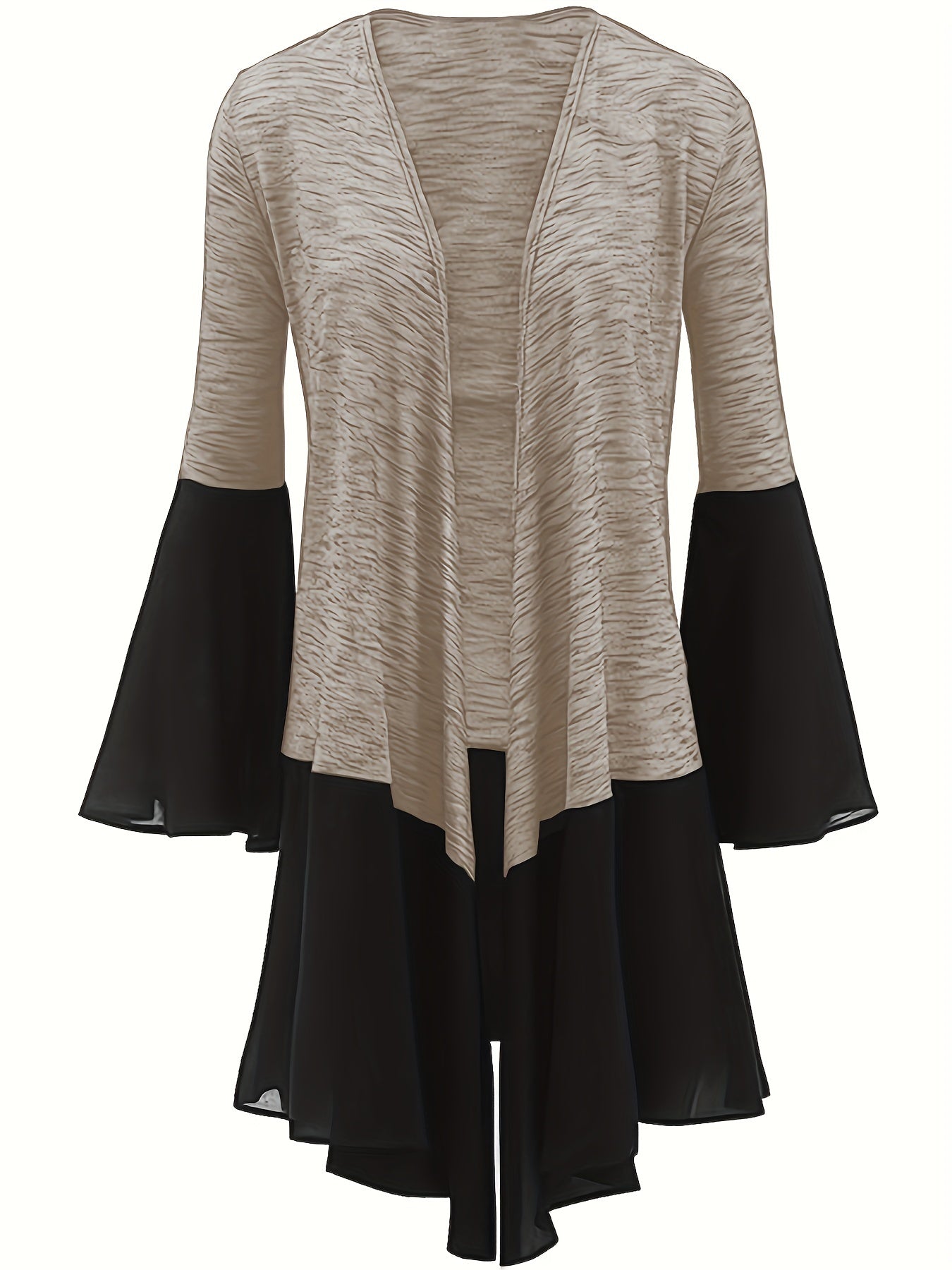 Antmvs Plus Size Elegant Overcoat, Women's Plus Contrast Mesh Bell Sleeve Open Front Slight Stretch Asymmetric Hem Cardigan