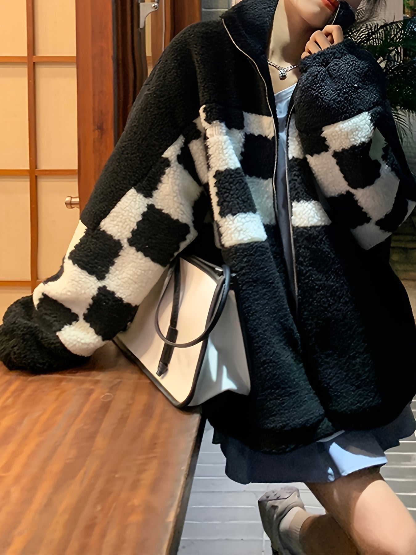 Antmvs Women's Checkered Print Oversized Plush Coat, Casual Winter Jacket For Outdoors, Women's Clothing