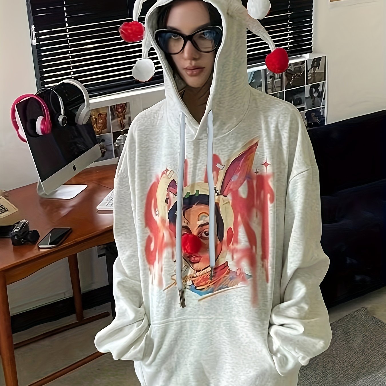 Antmvs Graphic Print Drawstring Hoodie, Vintage Long Sleeve Drop Shoulder Hoodie, Women's Clothing