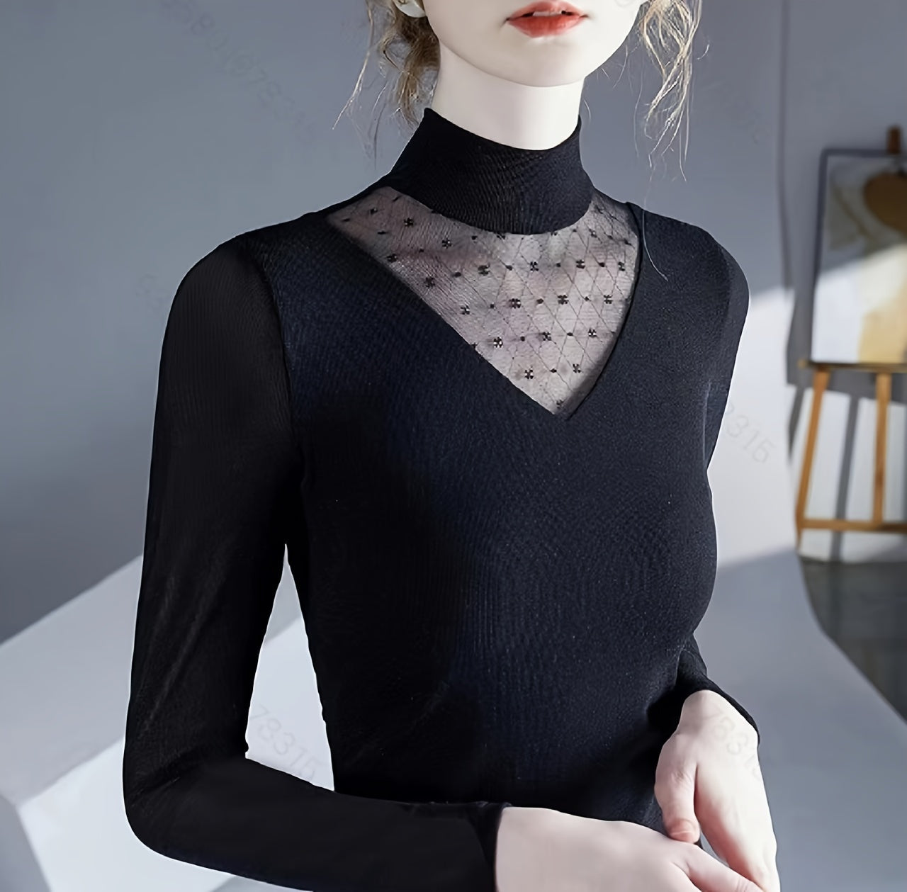 Antmvs Contrast Mesh Mock Neck Knitted Top, Elegant Long Sleeve Slim Sweater, Women's Clothing
