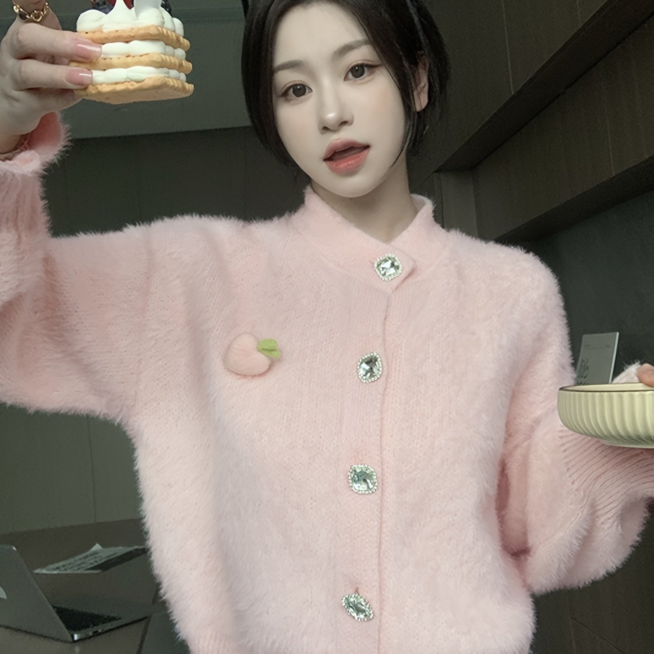 Antmvs Solid Plush Button Up Knit Cardigan, Casual Long Sleeve Soft Cozy Sweater, Women's Clothing