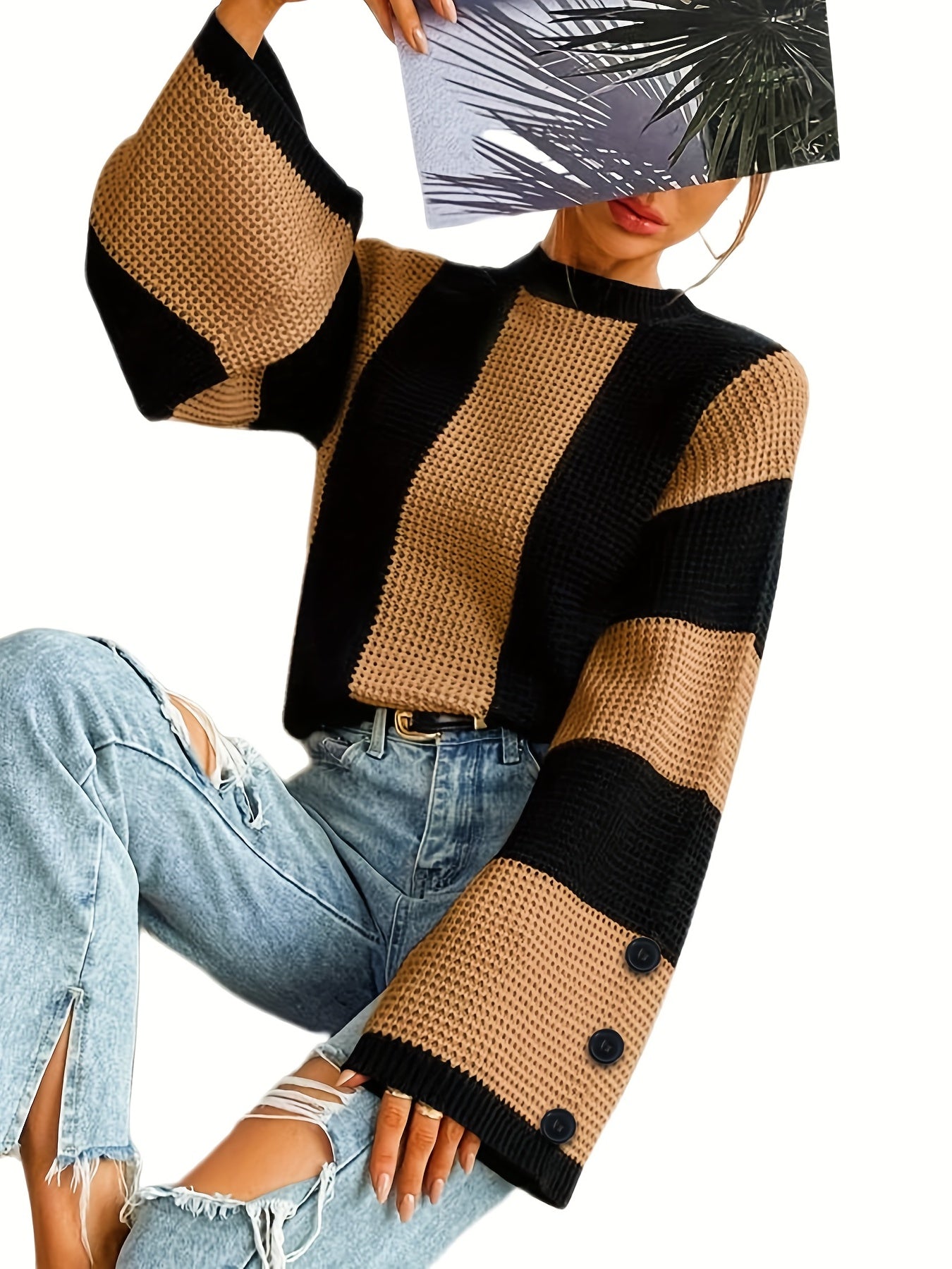 Antmvs Striped Flare Sleeve Pullover Sweater, Casual Button Decor Crew Neck Knitted Top, Women's Clothing