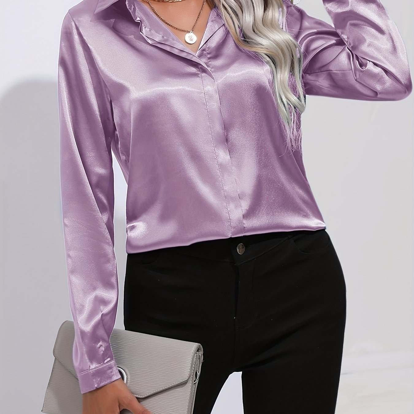 Antmvs Elegant Satin Blouse, Collar Long Sleeve Work Blouse, Women's Clothing