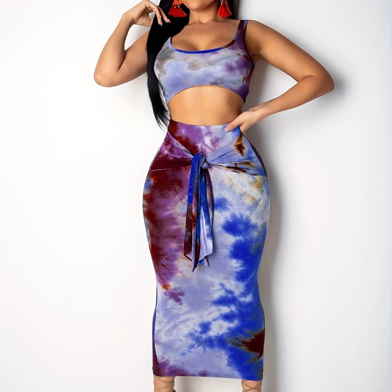 Antmvs Tie Dye Print Two-piece Skirt Set, Crew Neck Crop Tank Top & Tie Front Bodycon Skirt Outfits, Women's Clothing