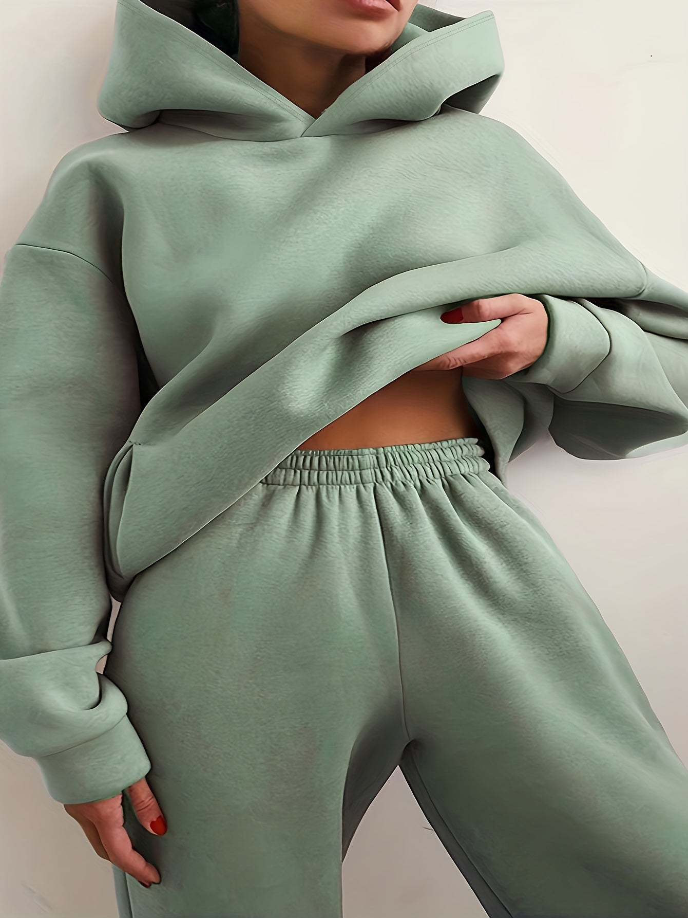 Antmvs Casual Solid Two-piece Set, Drop Shoulder Long Sleeve Hoodies & Elastic Waist Jogger Pants Outfits, Women's Clothing