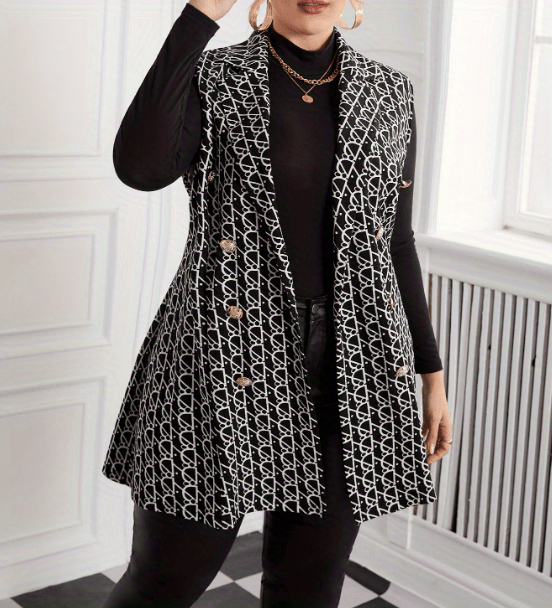 Antmvs Plus Size Casual Coat, Women's Plus Allover Geometric Print Lapel Collar Medium Stretch Vest