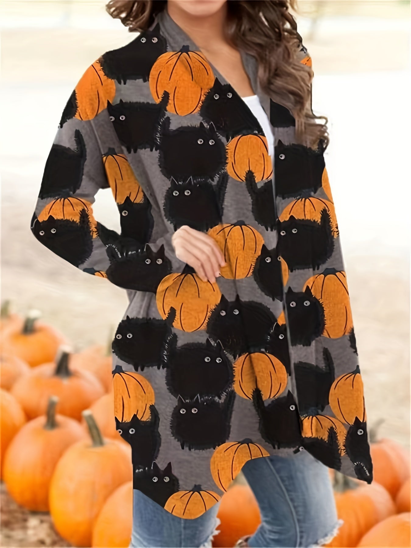 Antmvs Halloween Pumpkin Pattern Cardigan, Casual Open Front Long Sleeve Cardigan For Spring & Fall, Women's Clothing