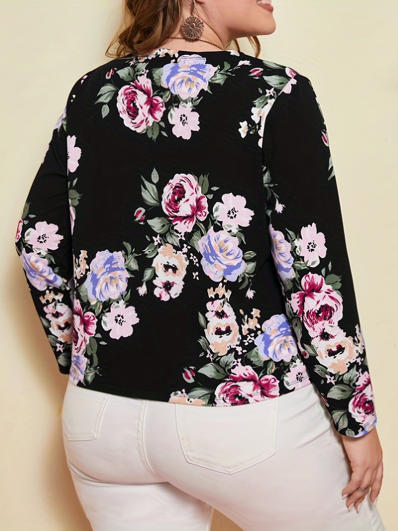 Antmvs Plus Size Casual Coat, Women's Plus Floral Print Long Sleeve Open Front Jacquard Coat