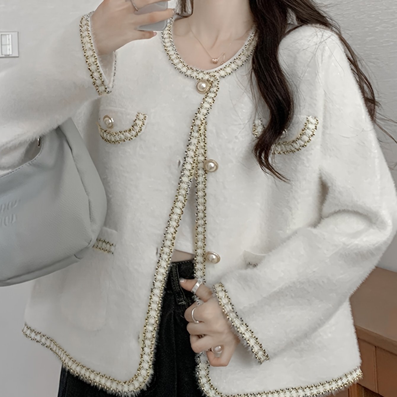Antmvs Contrast Trim Button Down Knit Cardigan, Elegant Long Sleeve Cozy Sweater, Women's Clothing