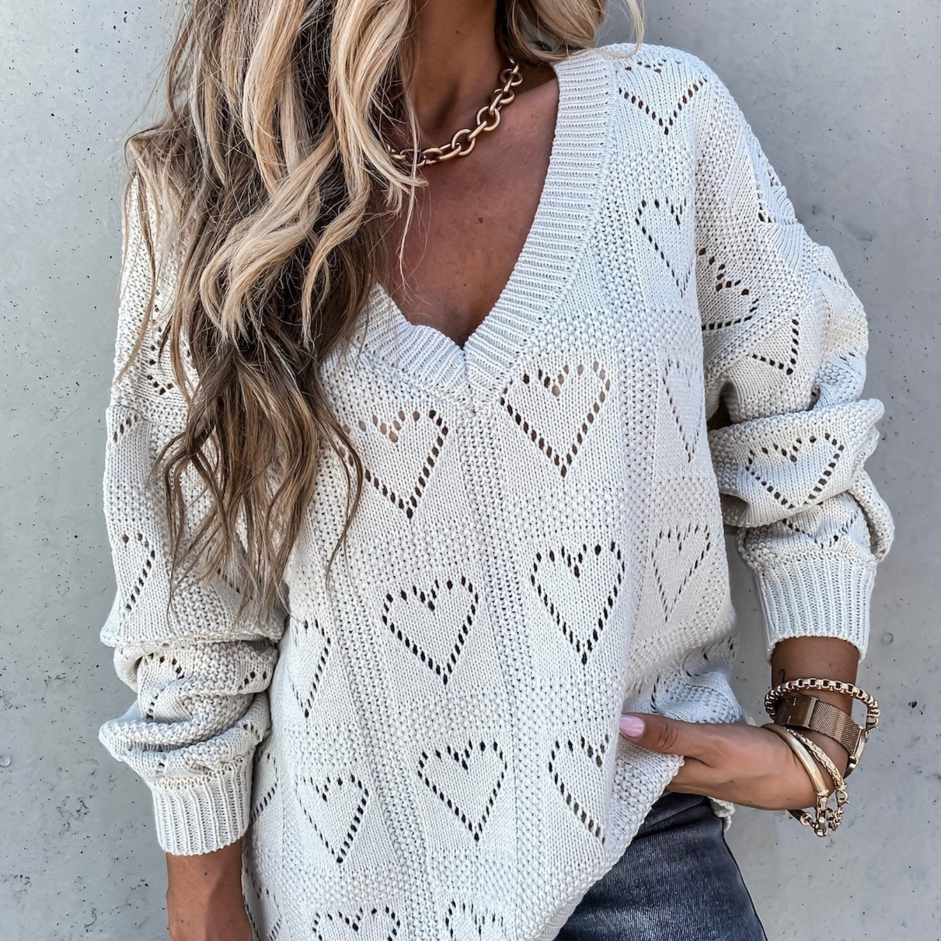Antmvs Heart Pattern Cut Out V Neck Sweater, Casual Long Sleeve Sweater For Fall & Winter, Women's Clothing