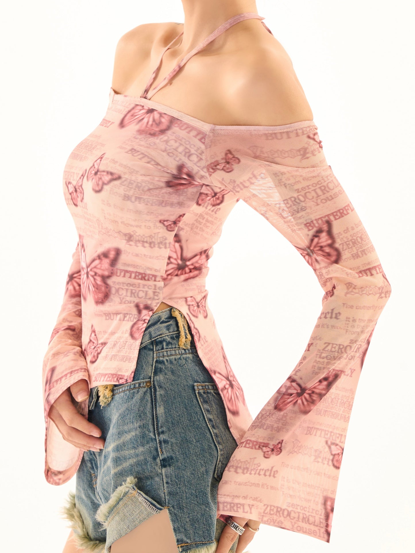 Antmvs Maribella Pink Butterfly Print Long Bell Sleeve Off-the-Shoulder Slim Cropped Top