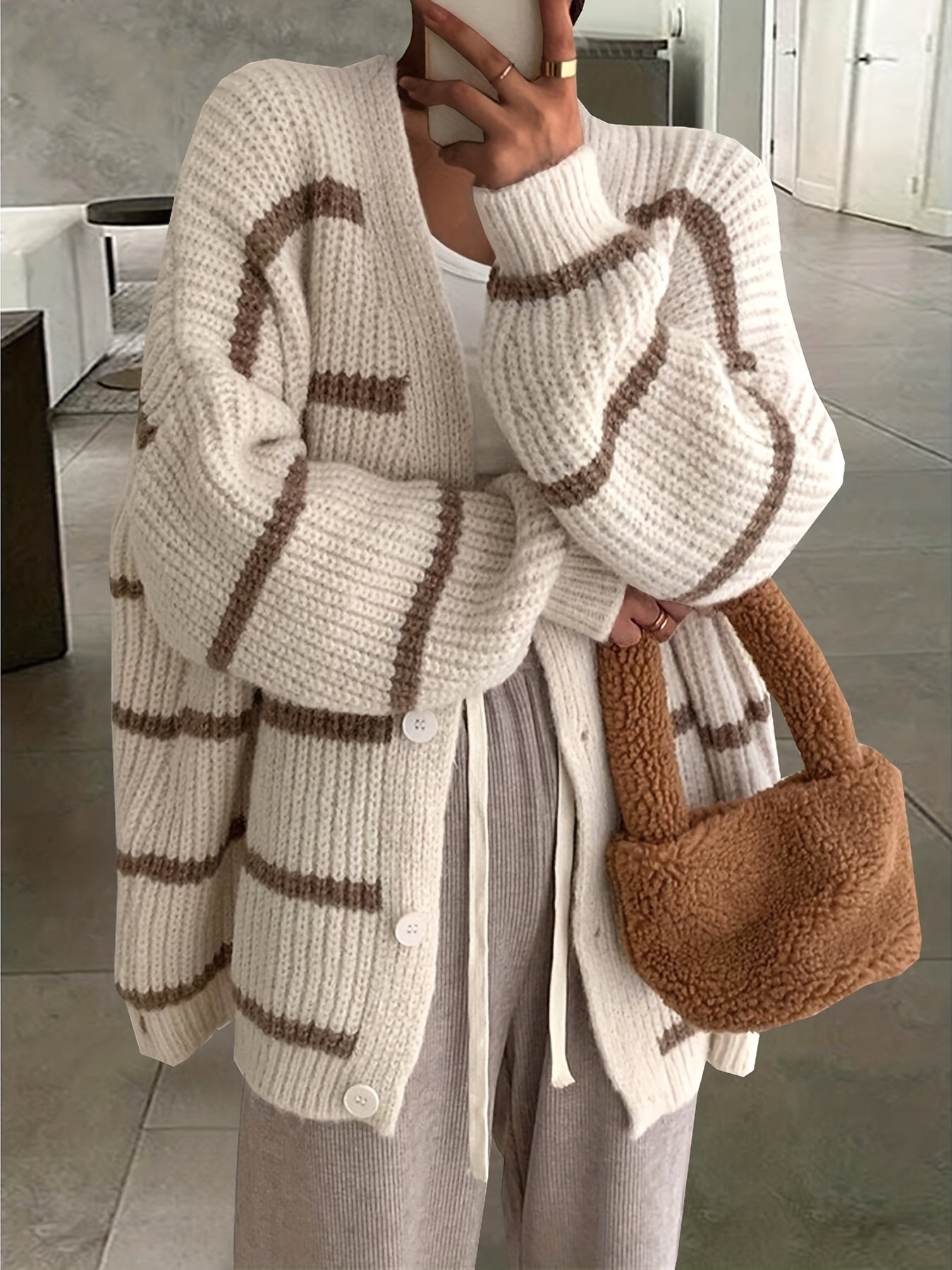 Antmvs Striped Button Down Knit Cardigan, Casual Long Sleeve Oversized Sweater, Women's Clothing