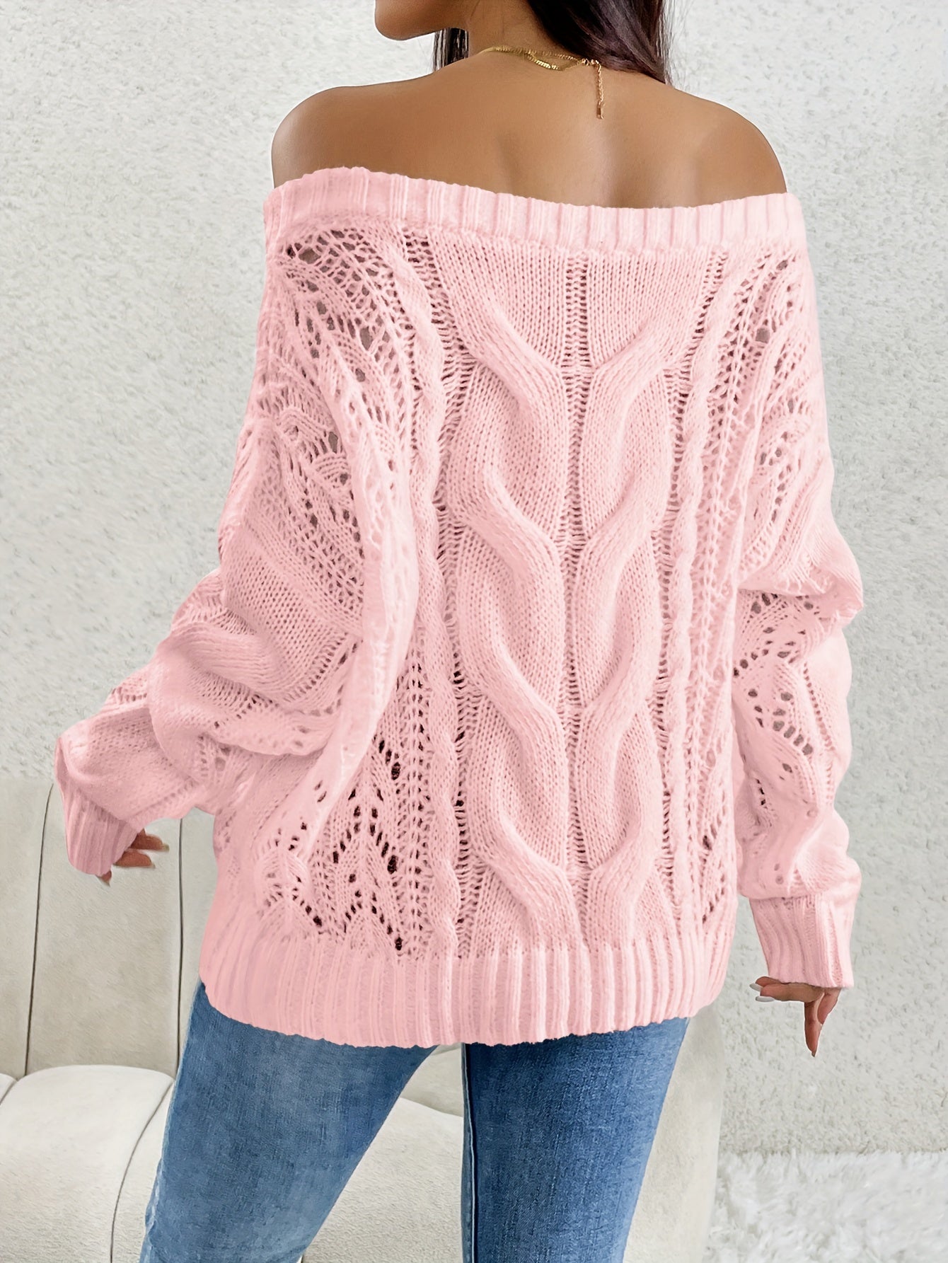Antmvs Off Shoulder Cable Knit Sweater, Casual Long Sleeve Sweater For Fall & Winter, Women's Clothing