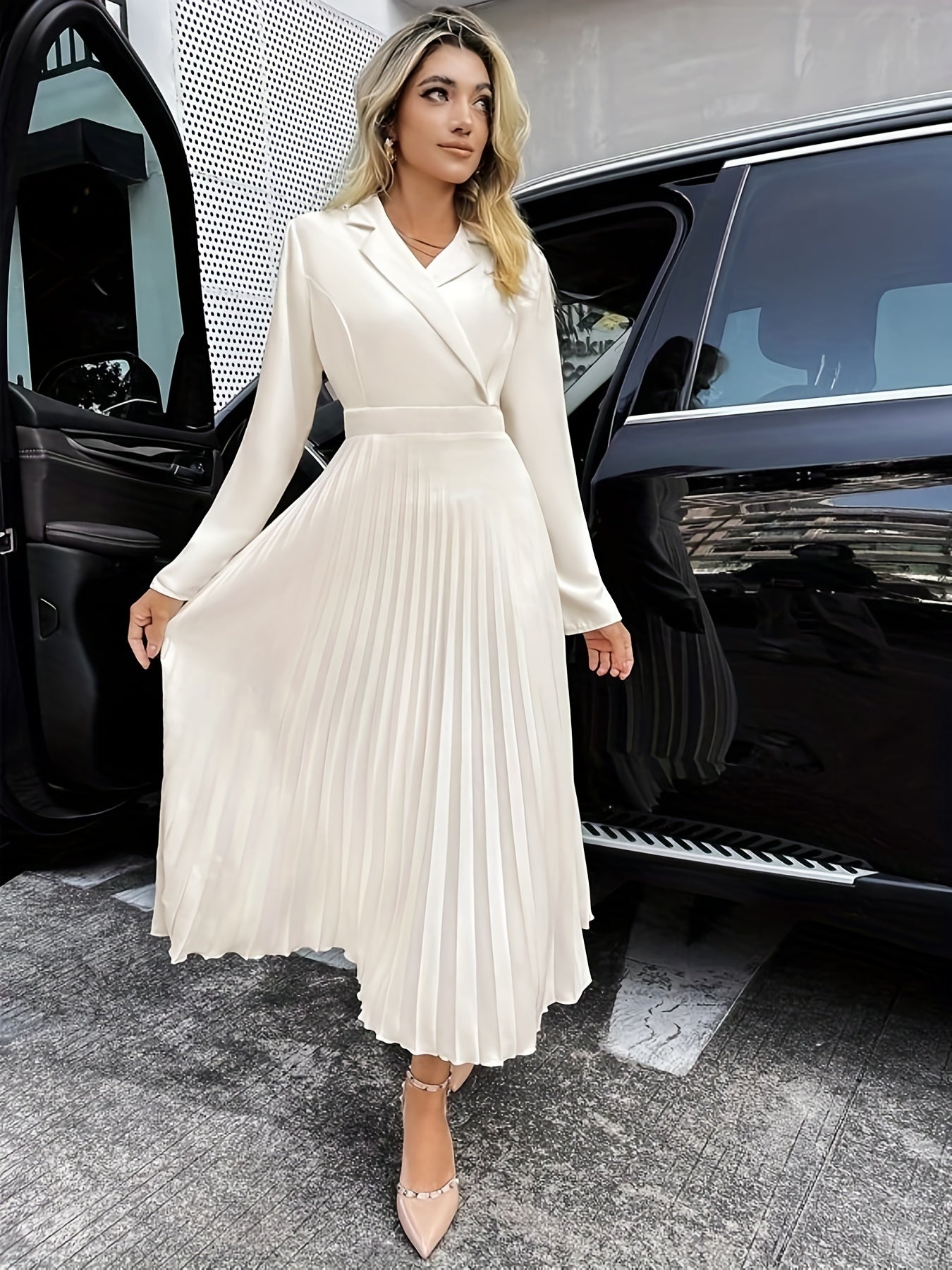 Antmvs Surplice Neck Pleated Dress, Elegant Solid Long Sleeve Maxi Dress, Women's Clothing