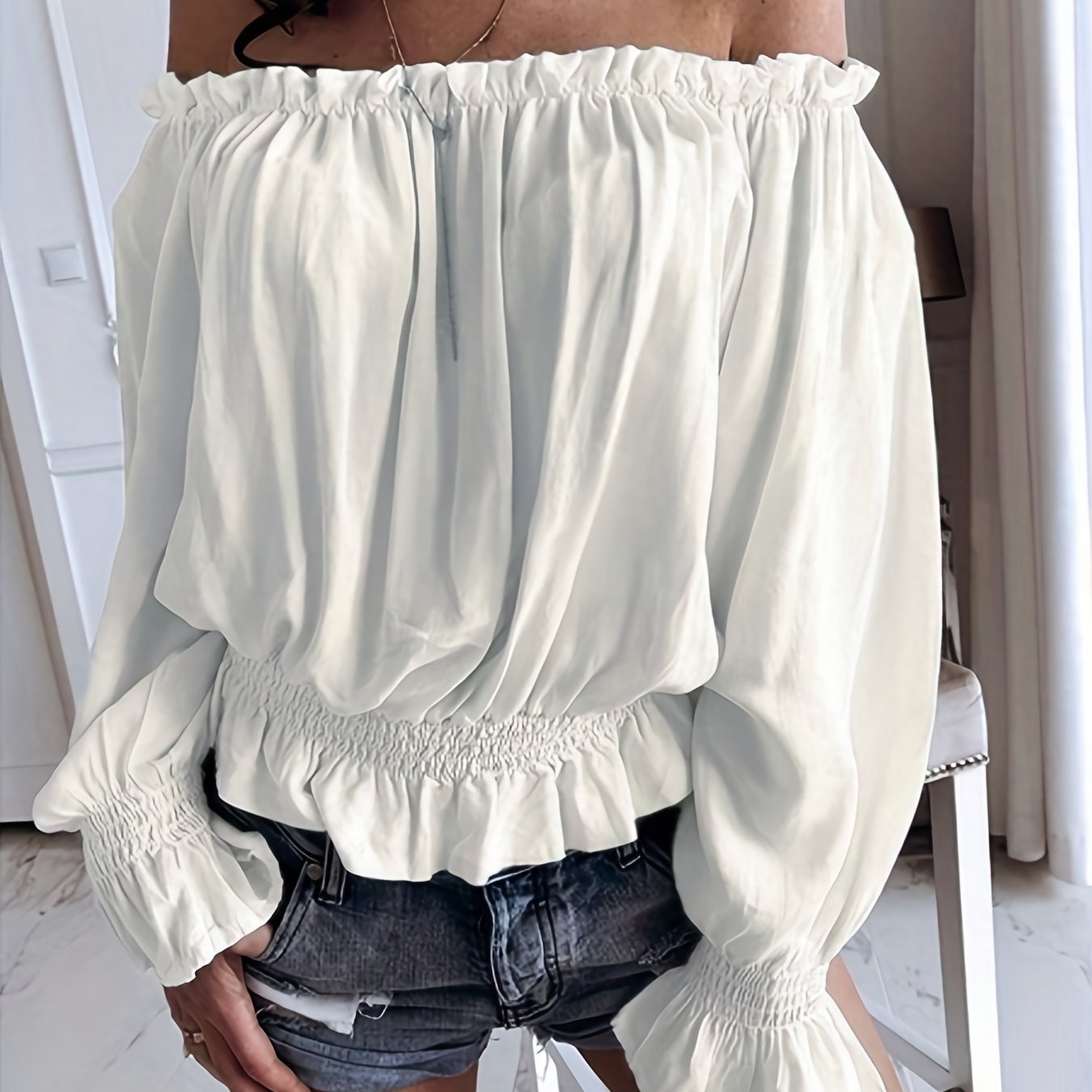 Antmvs Off Shoulder Ruffle Trim Blouse, Casual Long Sleeve Blouse For Spring & Fall, Women's Clothing