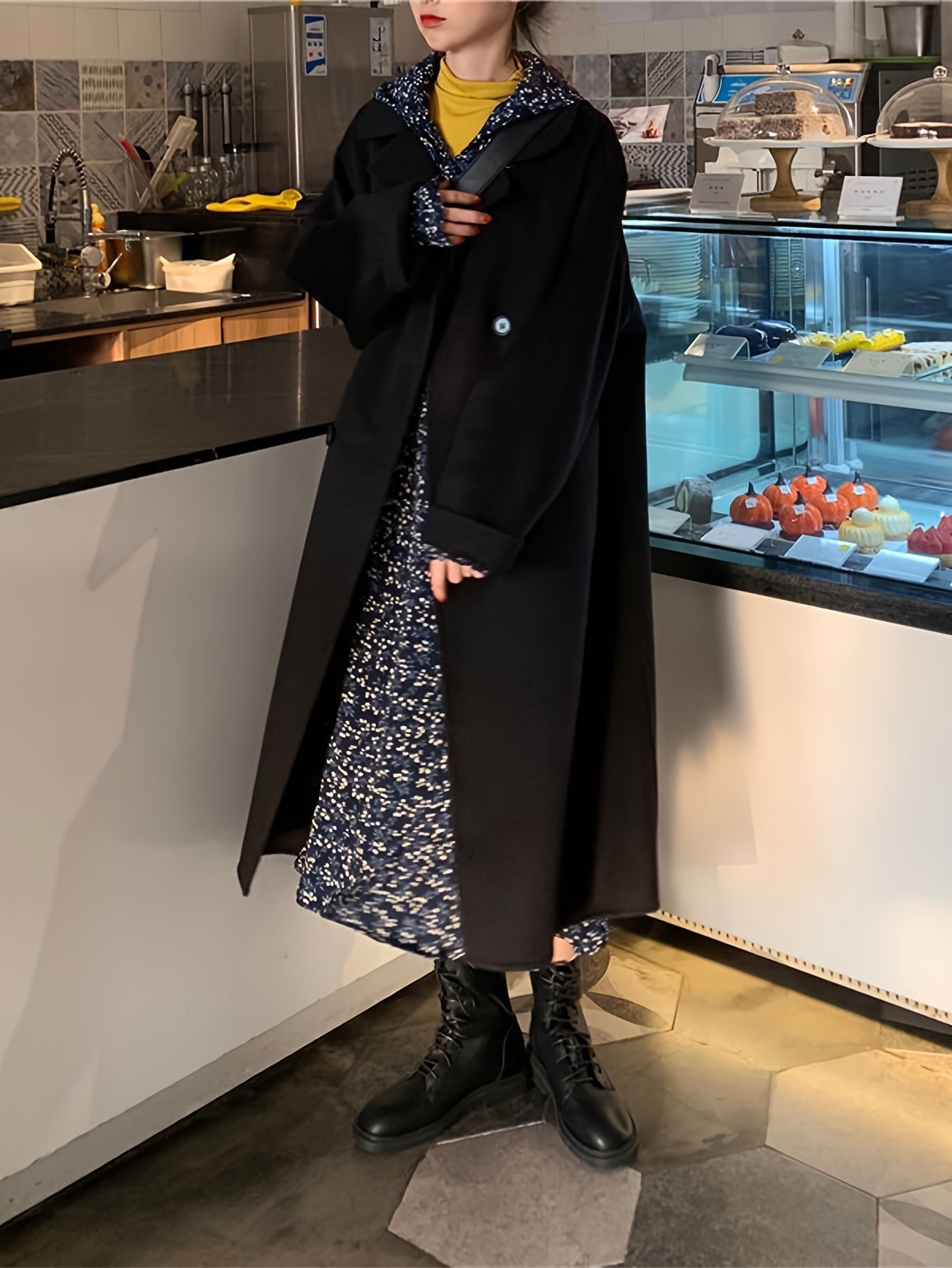 Antmvs Solid Double Breasted Pockets Overcoat, Versatile Long Sleeve Winter Warm Outwear For Fall & Winter, Women's Clothing