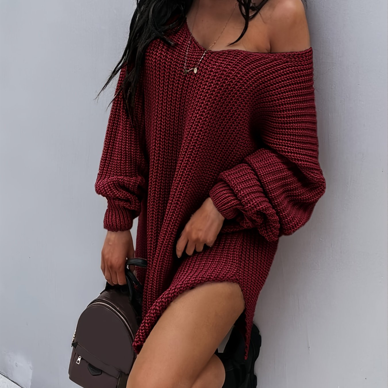 Antmvs Lantern Sleeve Knitted V-neck Sweater, Autumn And Winter New Knitted V-neck Sweater, Women's Clothing