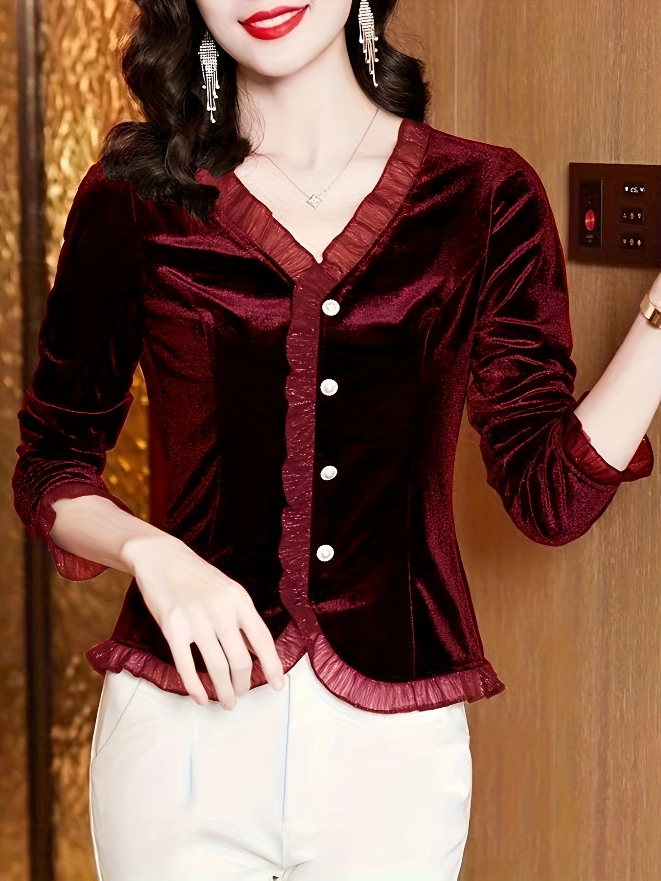 Antmvs Velvet Lace Contrast Trim Top, Button Front V Neck Long Sleeve T-shirt, Women's Clothing