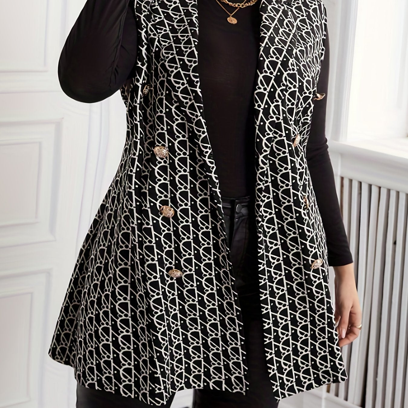 Antmvs Plus Size Casual Coat, Women's Plus Allover Geometric Print Lapel Collar Medium Stretch Vest