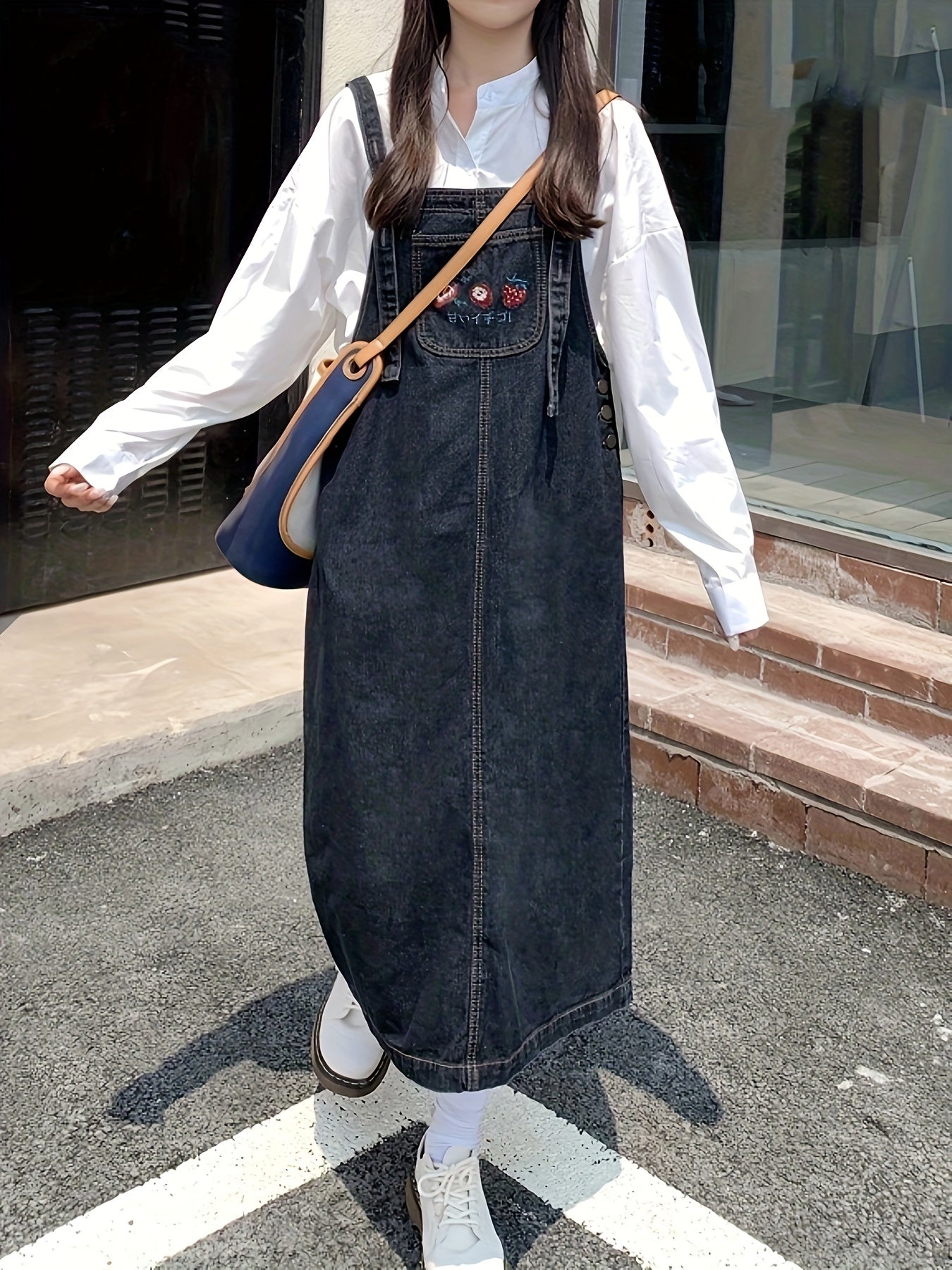 Antmvs Blue Loose Fit Denim Overall Dress, Non-Stretch Side Single Breasted Button Cute Denim Overall Dress, Women's Denim Clothing