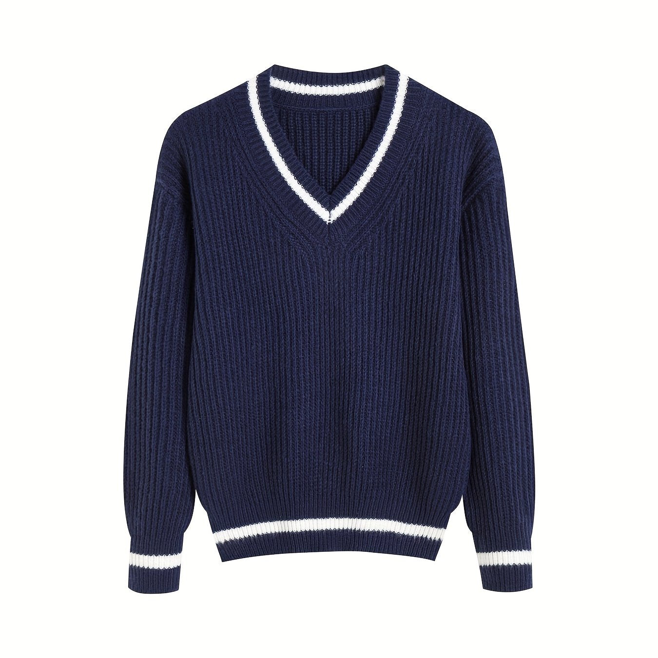 Antmvs Striped Print Knit Sweater, Casual V Neck Long Sleeve Sweater, Women's Clothing