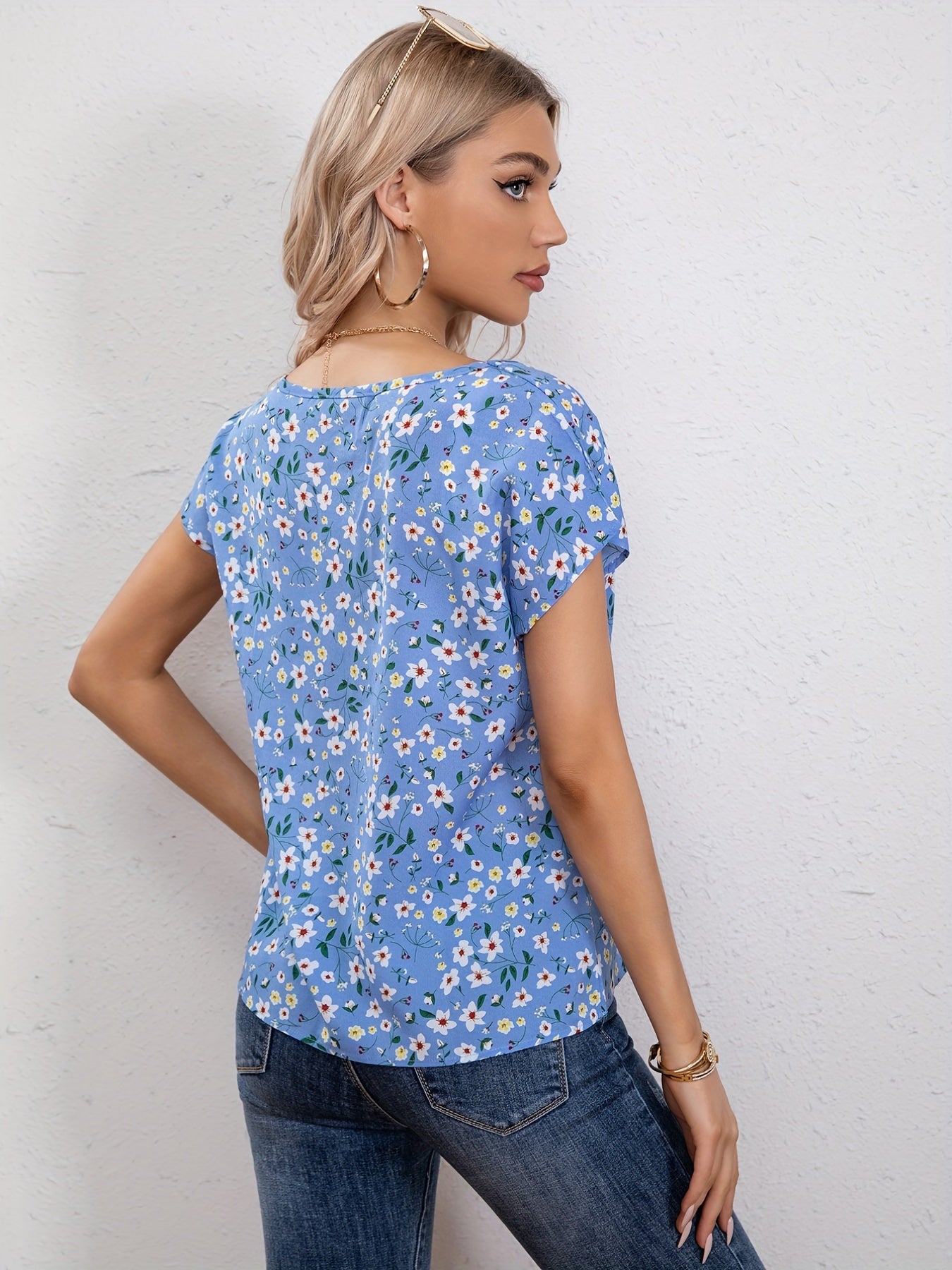 Antmvs Floral Print Crew Neck Blouse, Casual Short Sleeve Blouse For Spring & Summer, Women's Clothing