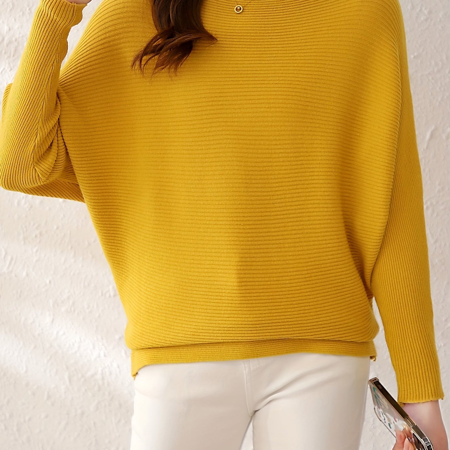 Antmvs Solid Batwing Sleeve Knit Sweater, Casual Boat Neck Sweater For Spring & Fall, Women's Clothing