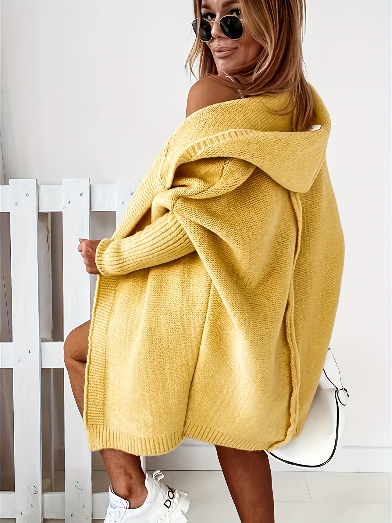 Antmvs Solid Open Front Hooded Cardigan, Casual Batwing Sleeve Mid Length Sweater For Fall & Winter, Women's Clothing