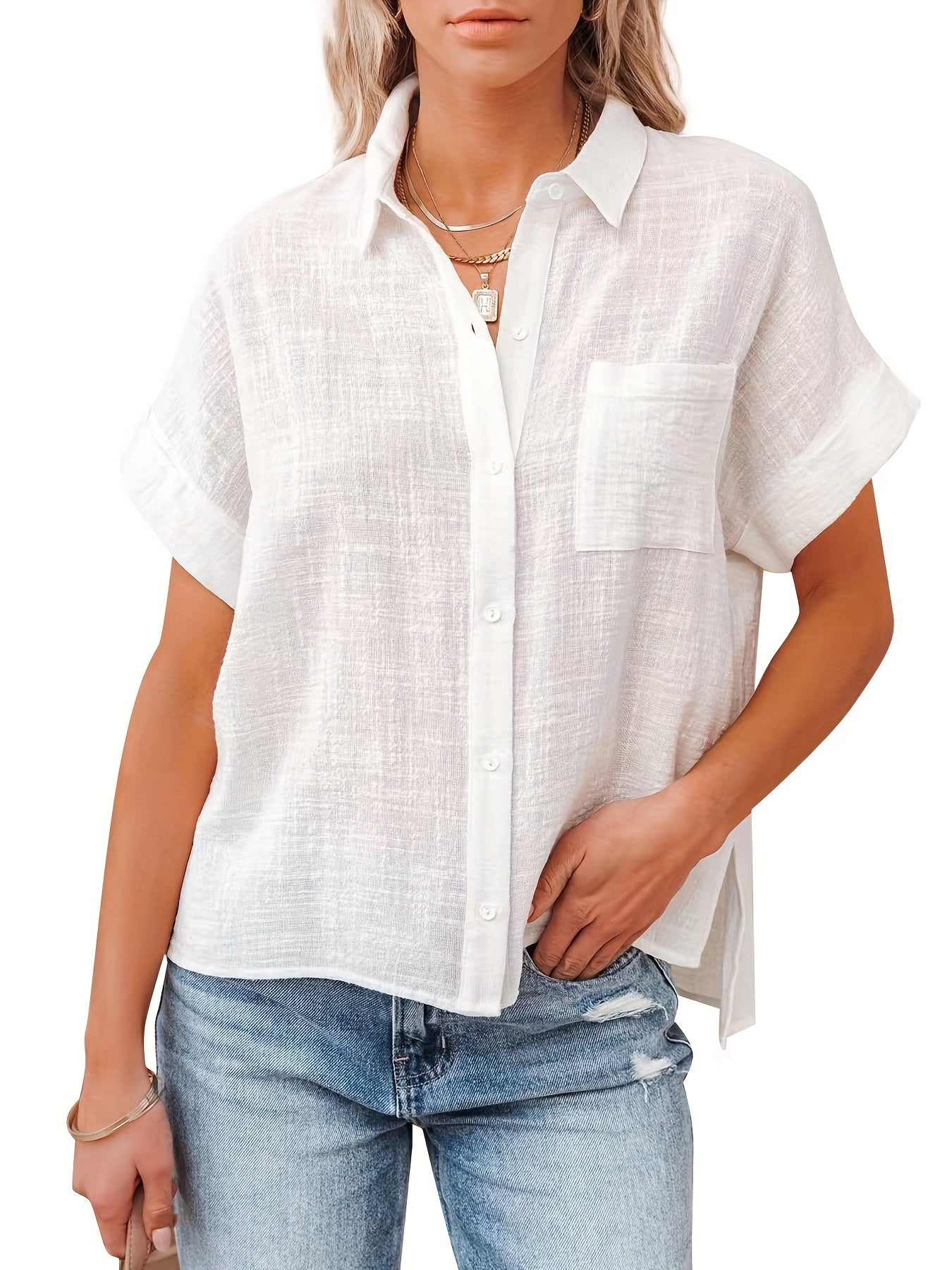 Antmvs Solid Color Short Sleeve Blouse, Casual Button Front Blouse For Spring & Summer, Women's Clothing