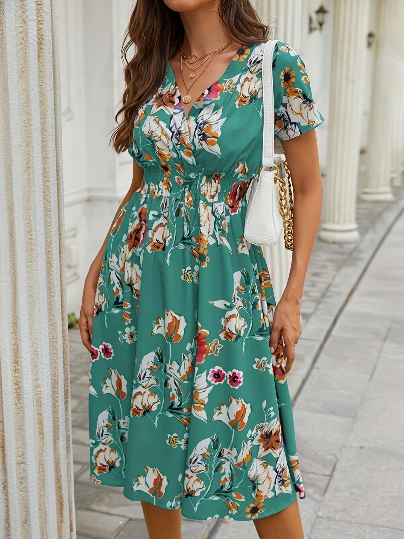 Antmvs Floral Print Shirred Waist Dress, Casual V Neck Short Sleeve Dress For Spring & Summer, Women's Clothing