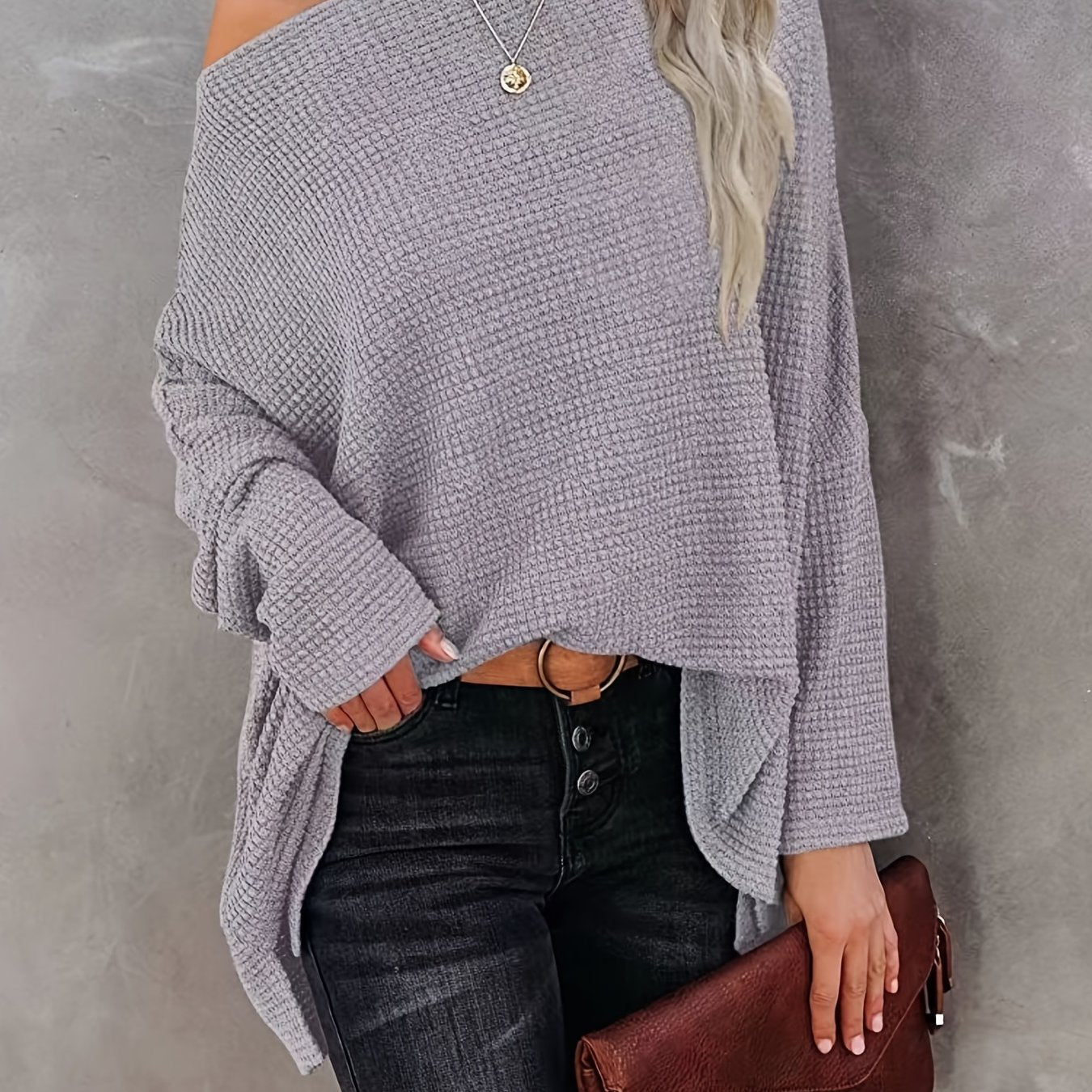 Antmvs Women's Casual Off Shoulder Bat Long Sleeve Waffle Knitted Oversized Pullover Sweater, Casual Tops For Fall & Winter, Women's Clothing