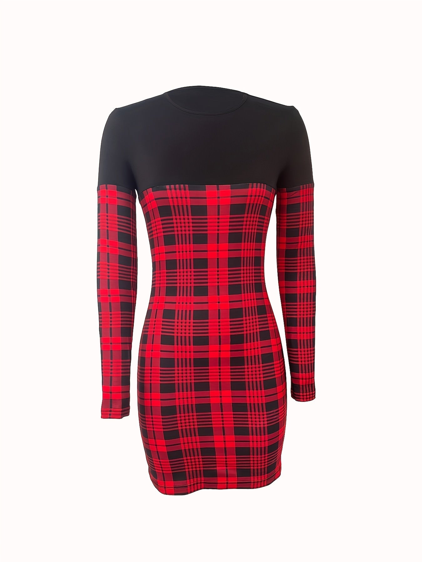 Antmvs Plaid Pattern Splicing Dress, Elegant Crew Neck Long Sleeve Dress, Women's Clothing