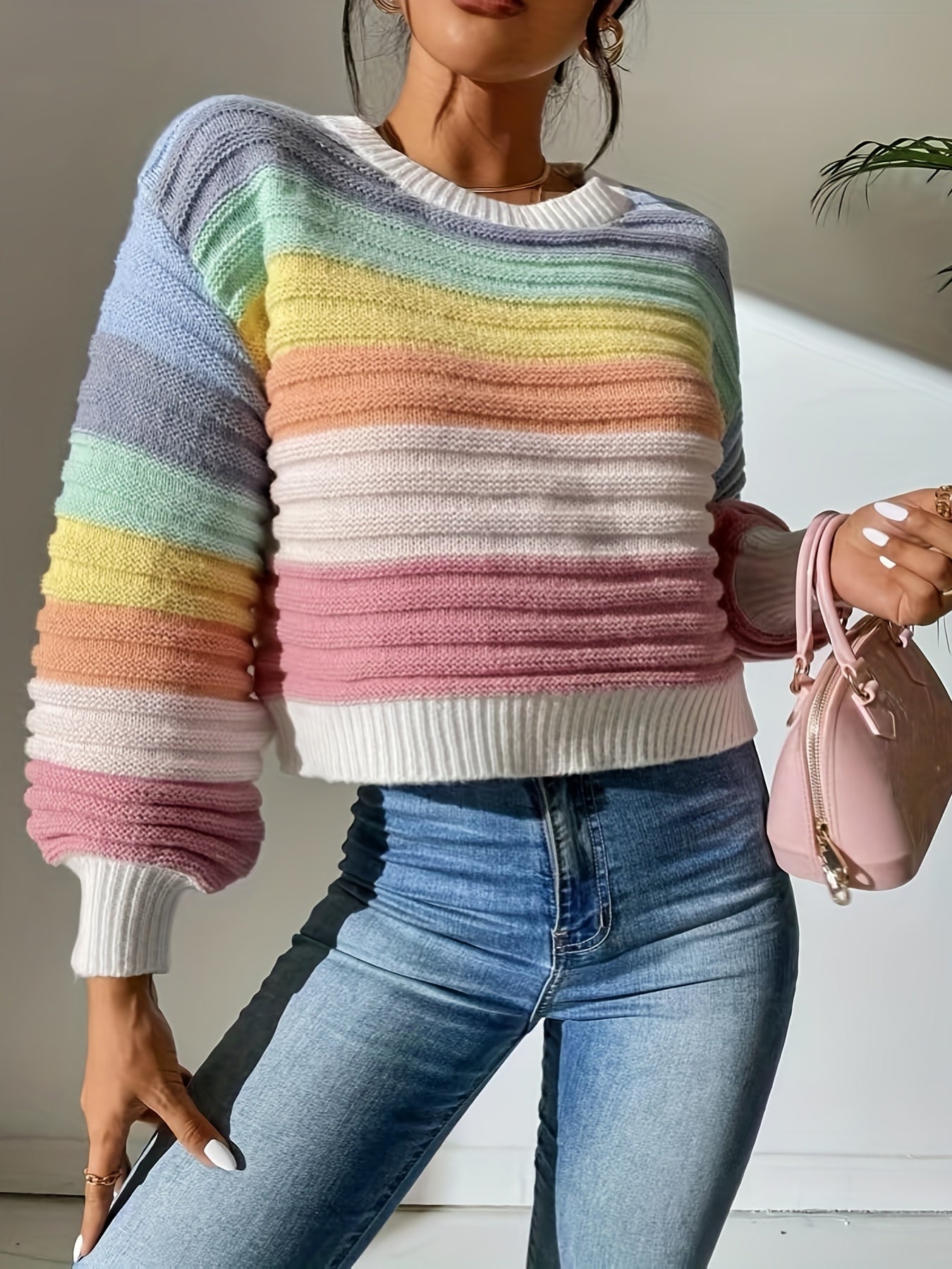 Antmvs Striped Pattern Crew Neck Sweater, Casual Long Lantern Sleeve Sweater For Spring & Fall, Women's Clothing